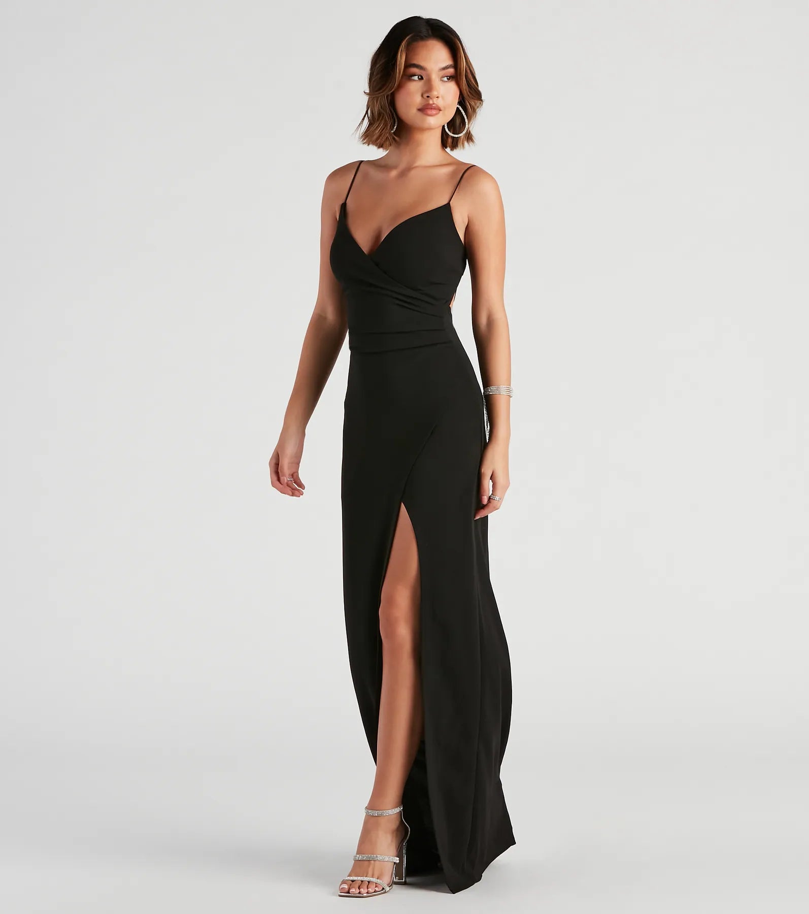 Christly Formal Crepe Surplice Dress - BLACK