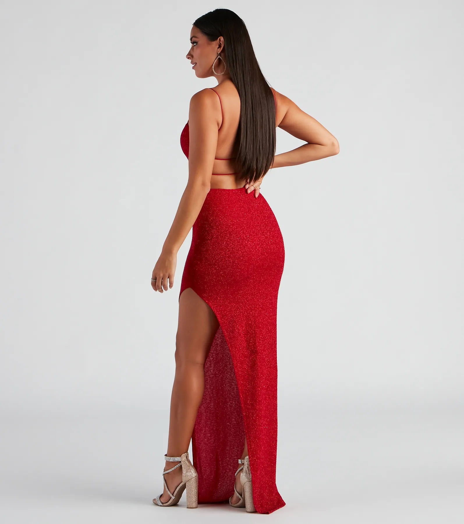 Jenna Formal Glitter Lattice Dress - RED