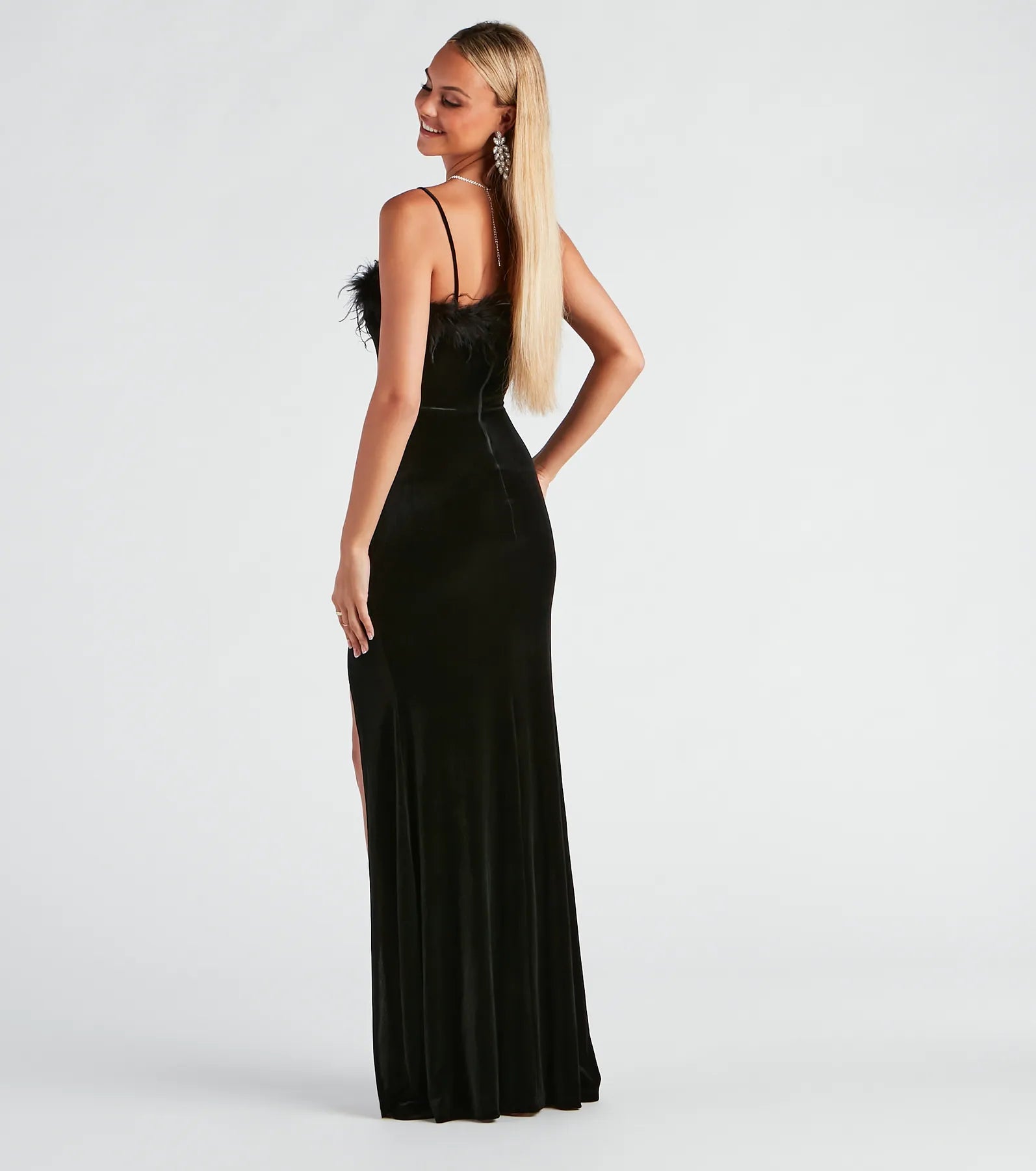 Jaime Feather Trim Velvet Mermaid Dress - BLACK