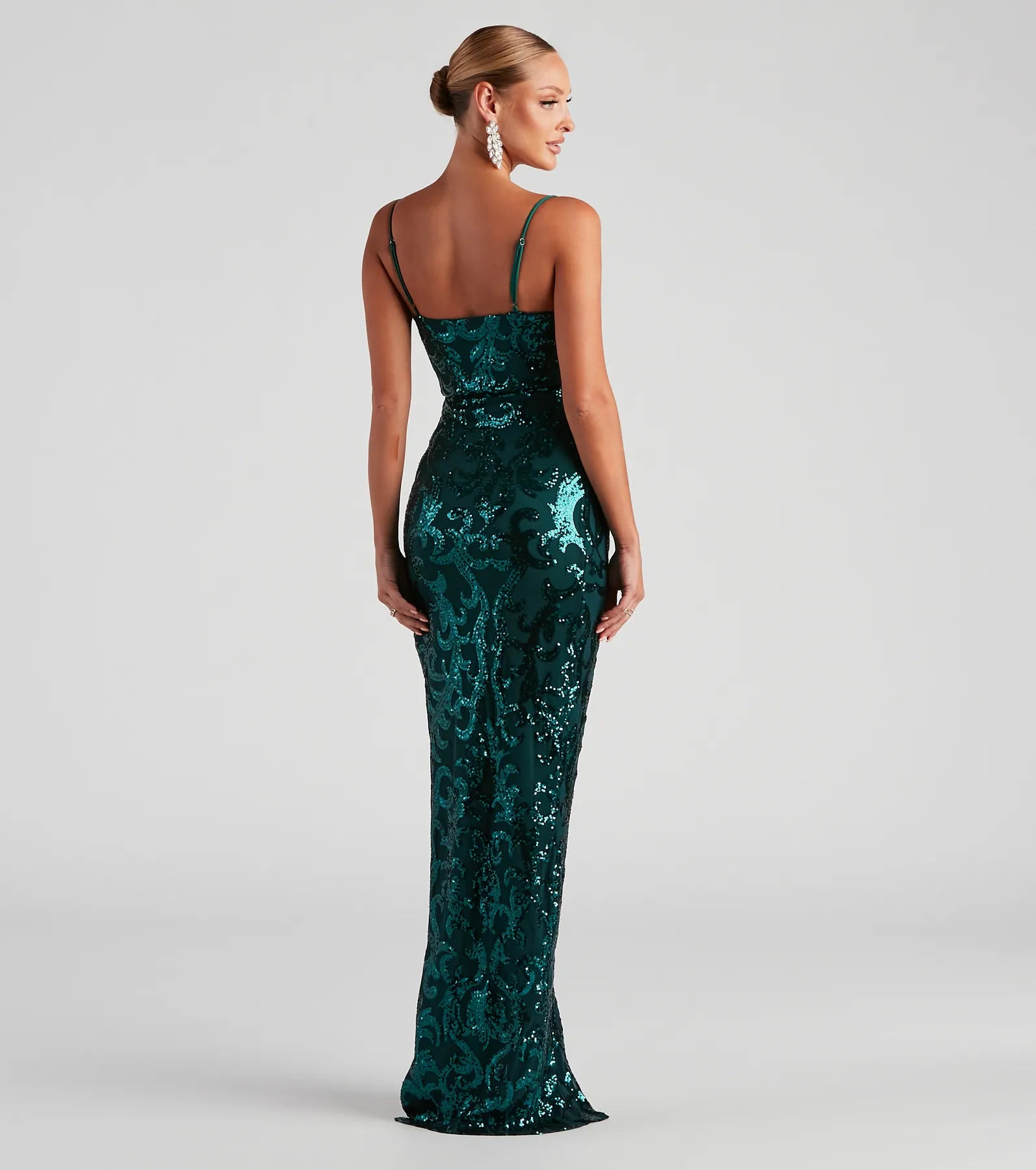Leah Formal Sequin Mesh Long Dress - GREEN