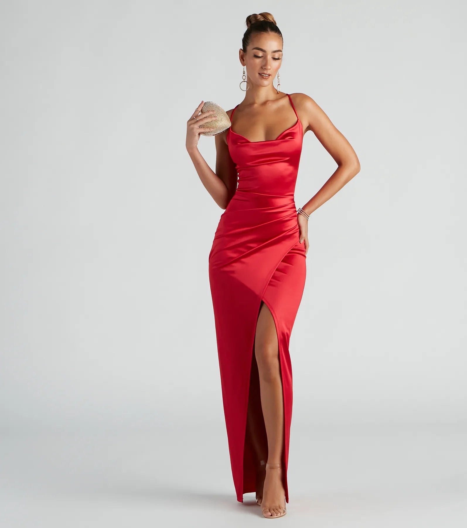 Chelsea Satin High Slit Formal Dress - RED