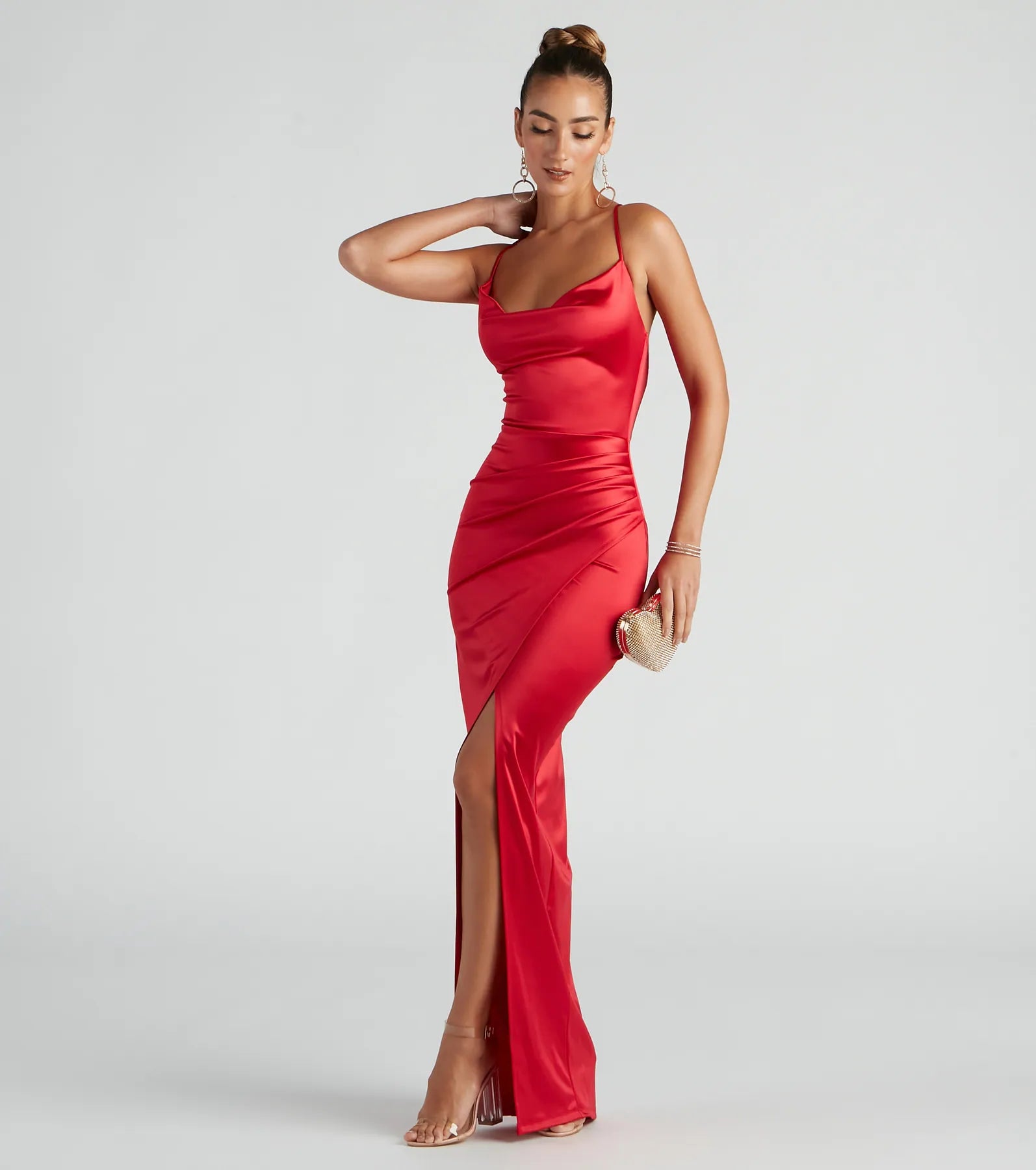 Chelsea Satin High Slit Formal Dress - RED
