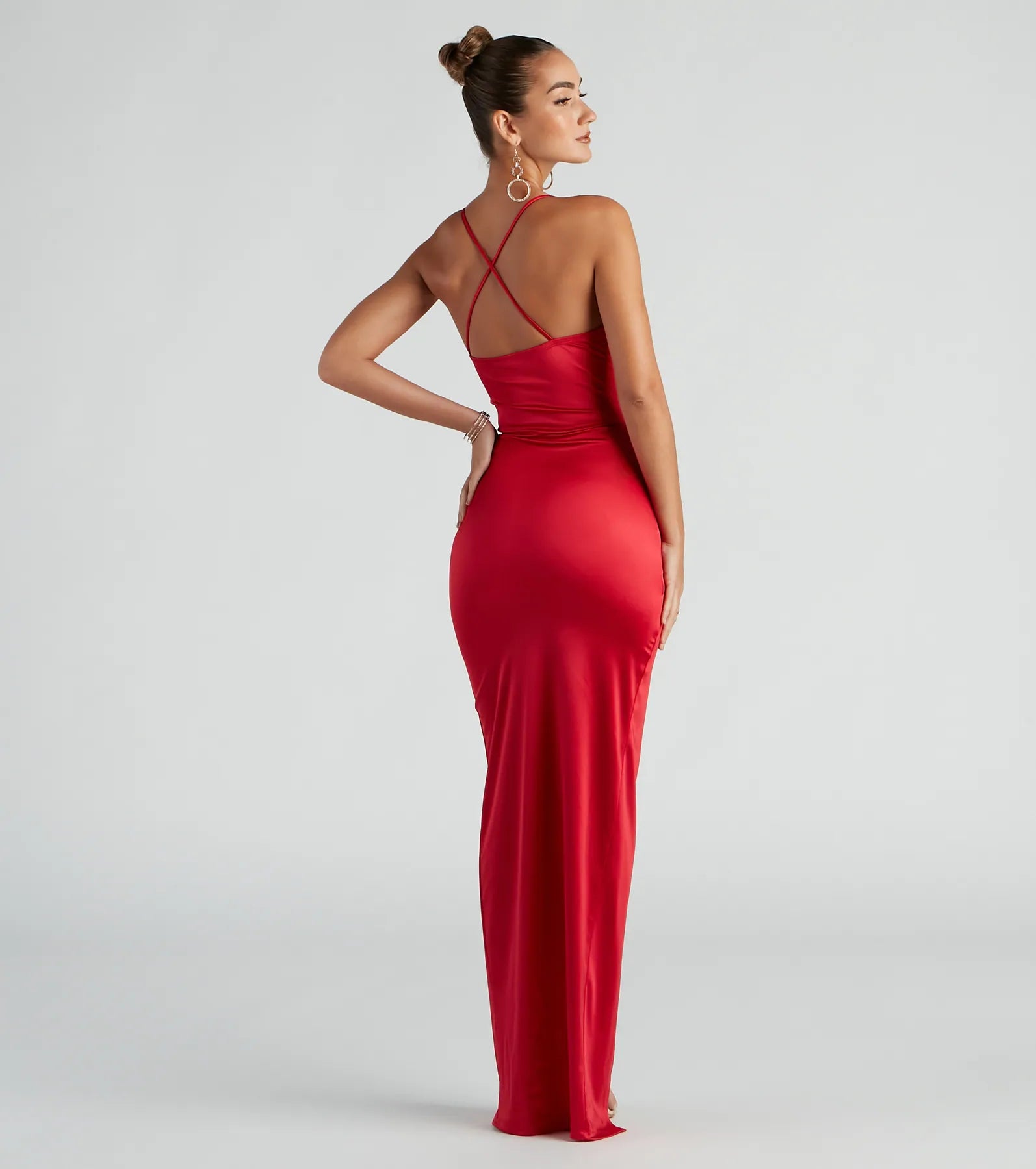 Chelsea Satin High Slit Formal Dress - RED