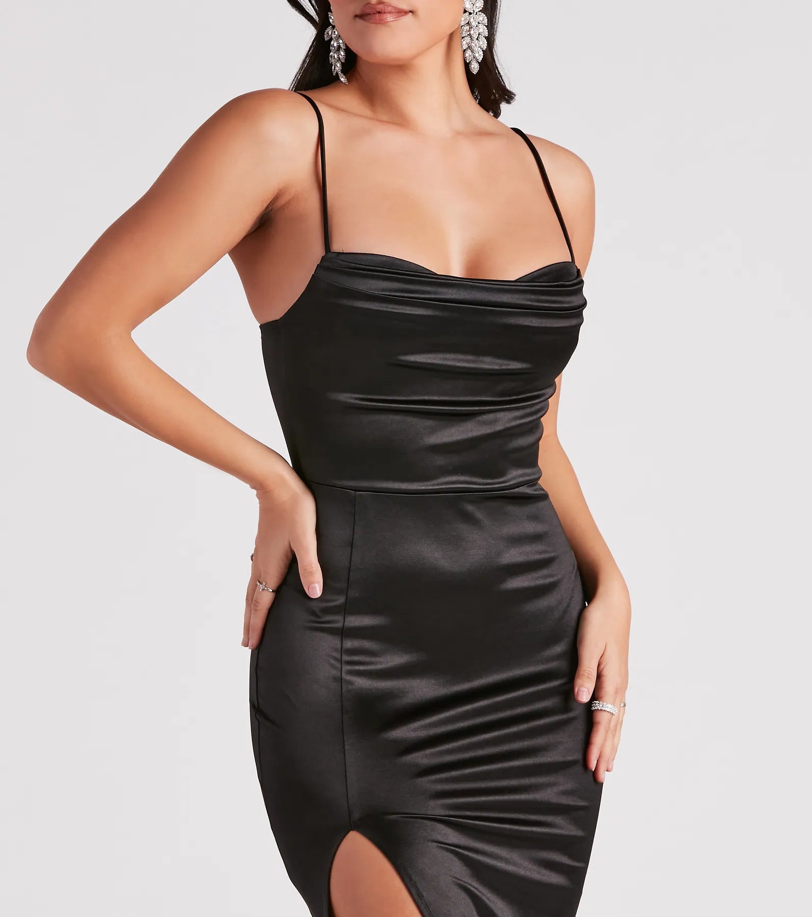 Lala High Slit Satin Formal Dress - BLACK