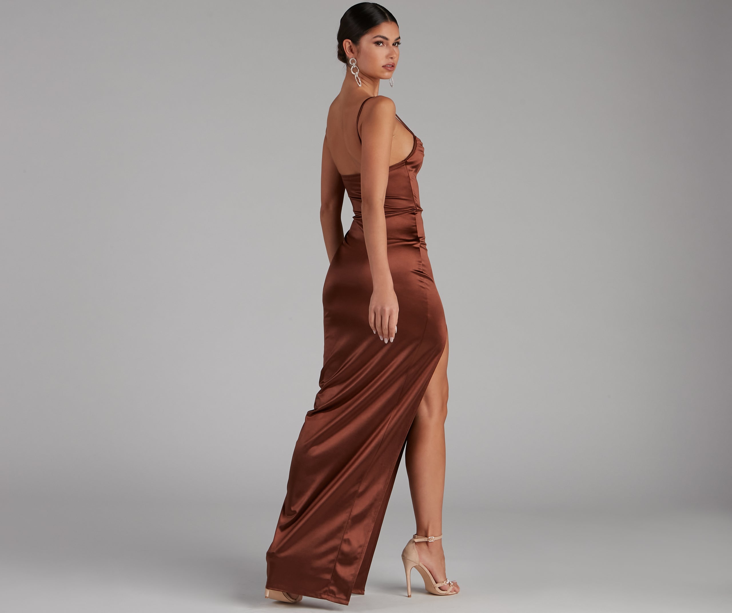 Lala High Slit Satin Formal Dress - BROWN-2