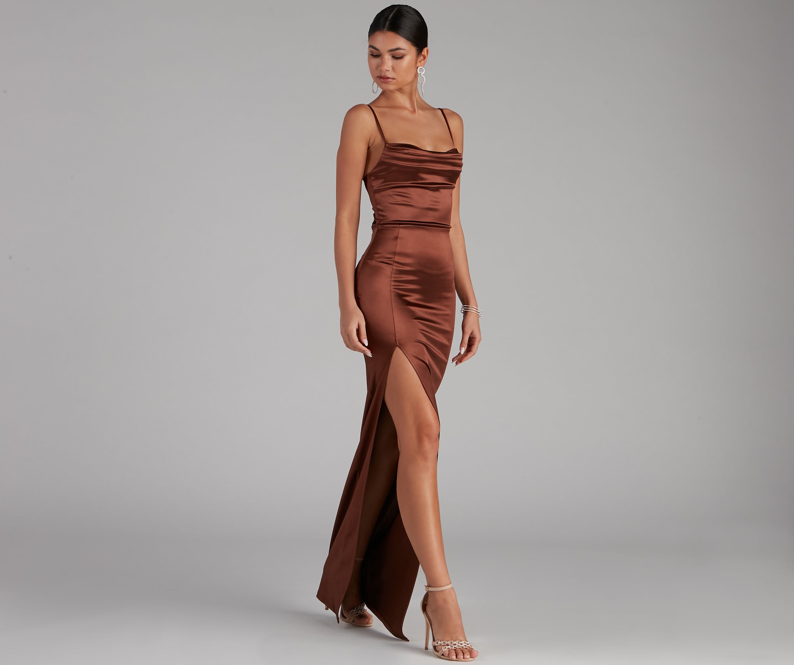 Lala High Slit Satin Formal Dress - BROWN-2
