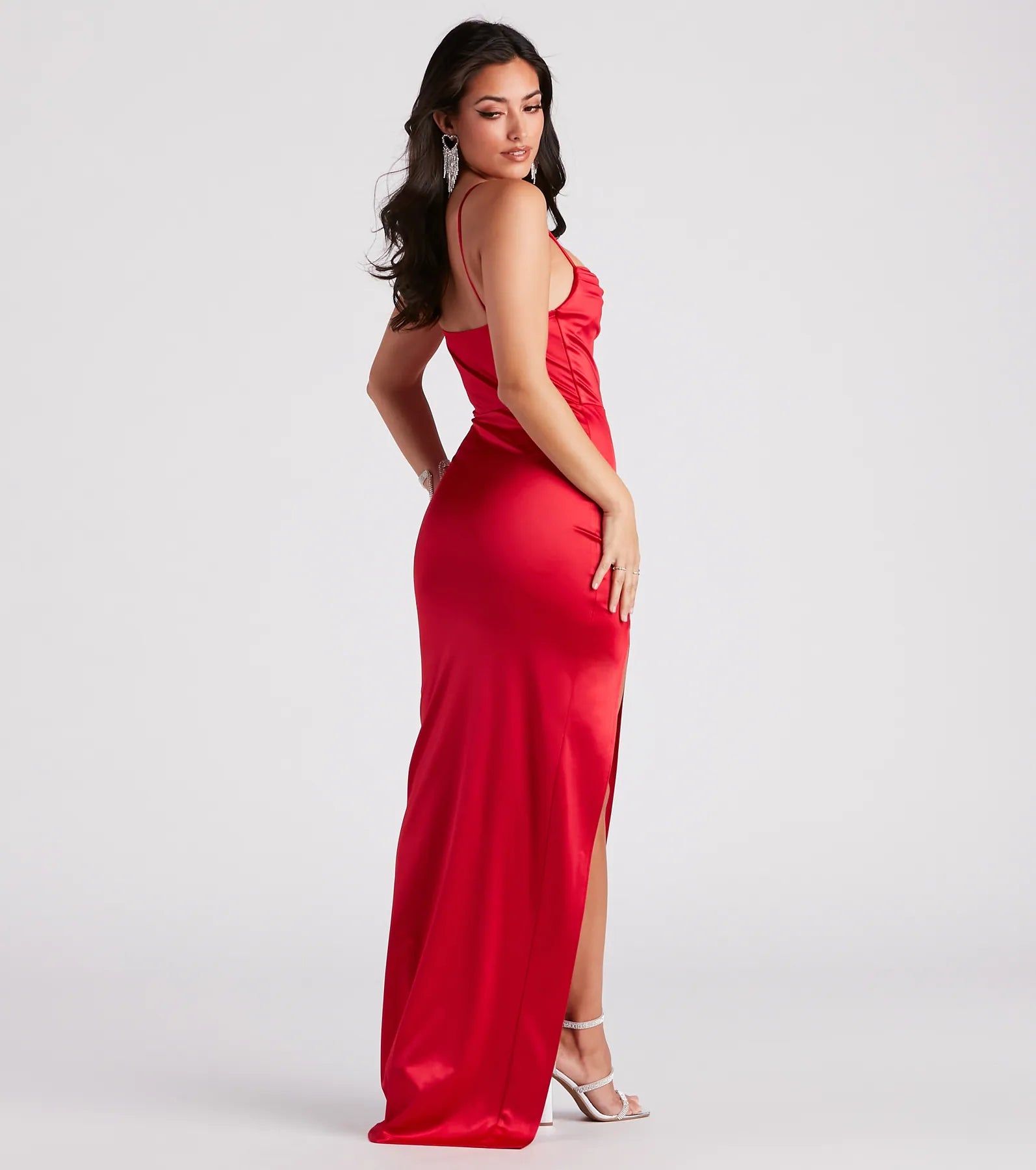 Lala High Slit Satin Formal Dress - RED