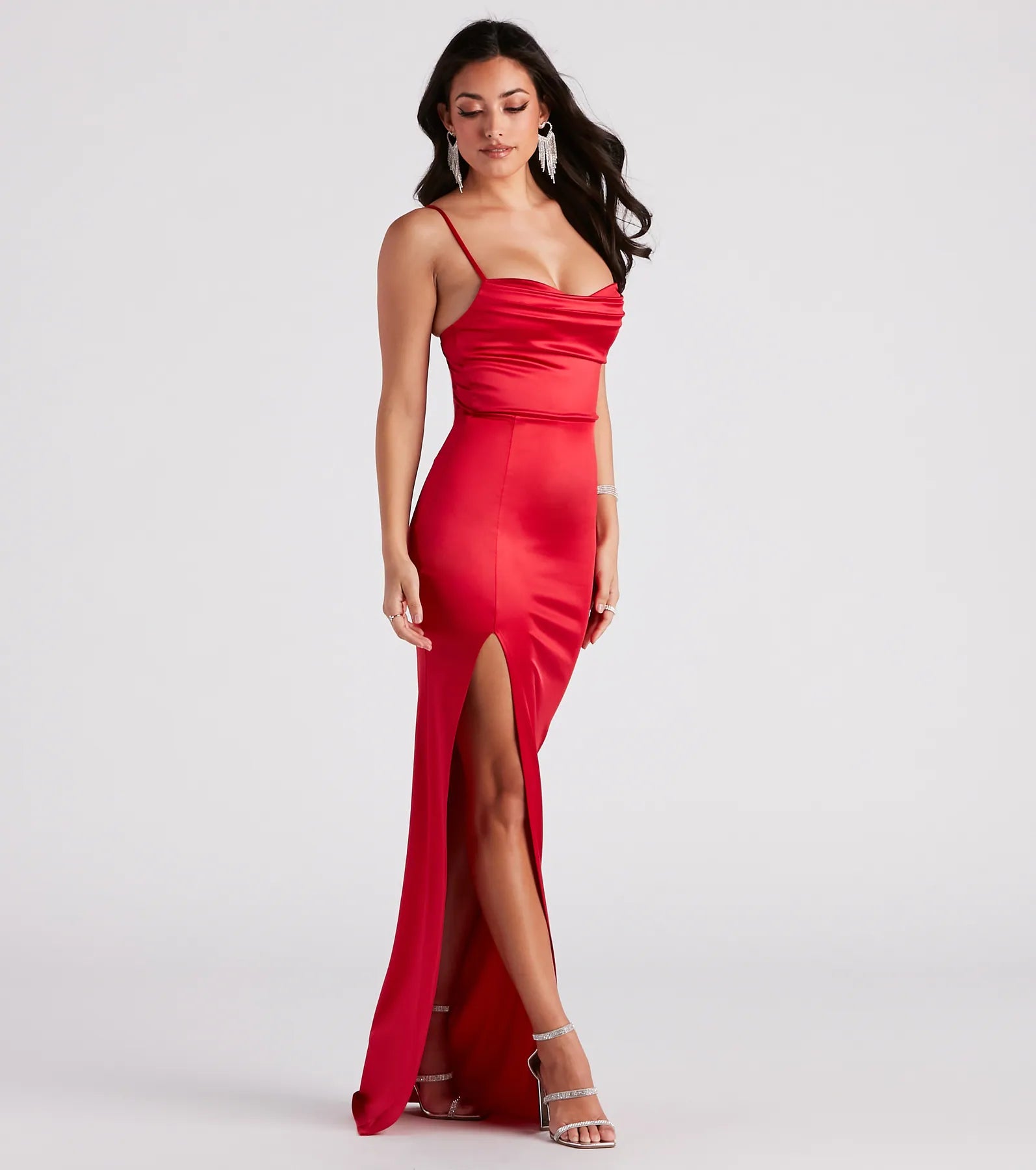 Lala High Slit Satin Formal Dress - RED