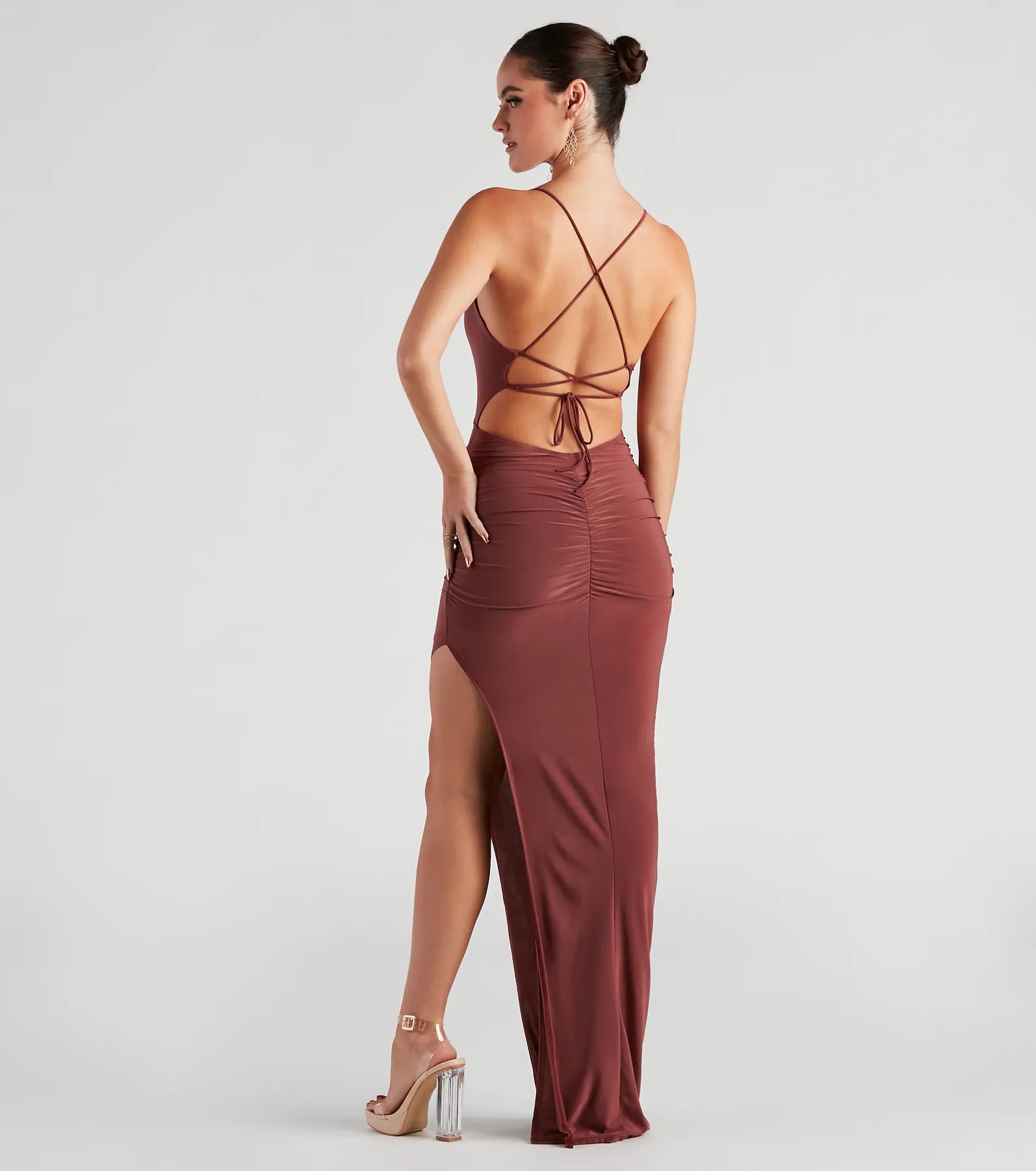 Heather Ruched High-Slit Formal Dress - RED BROWN