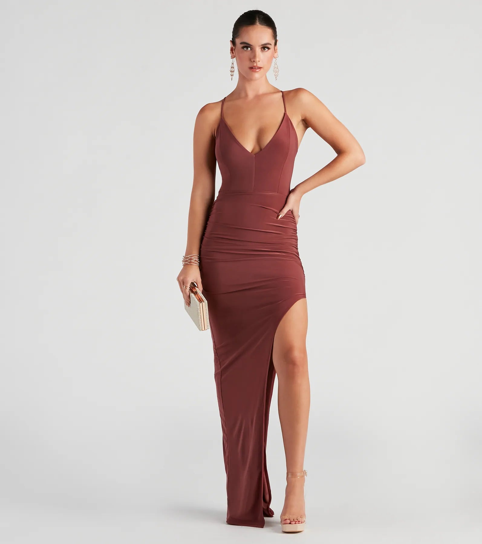 Heather Ruched High-Slit Formal Dress - RED BROWN