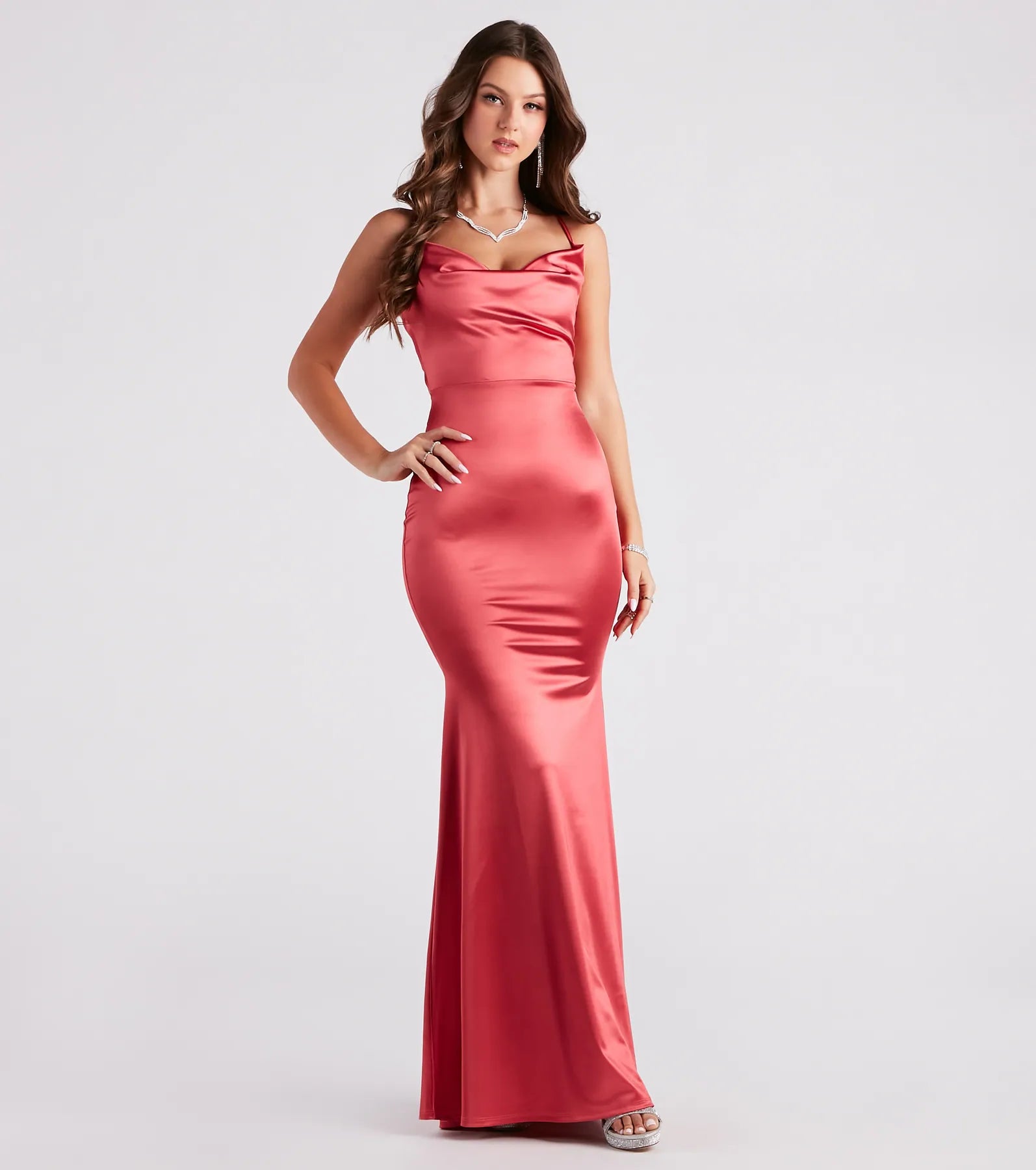 Jennifer Stretch Satin Ruched Formal Dress - RUST