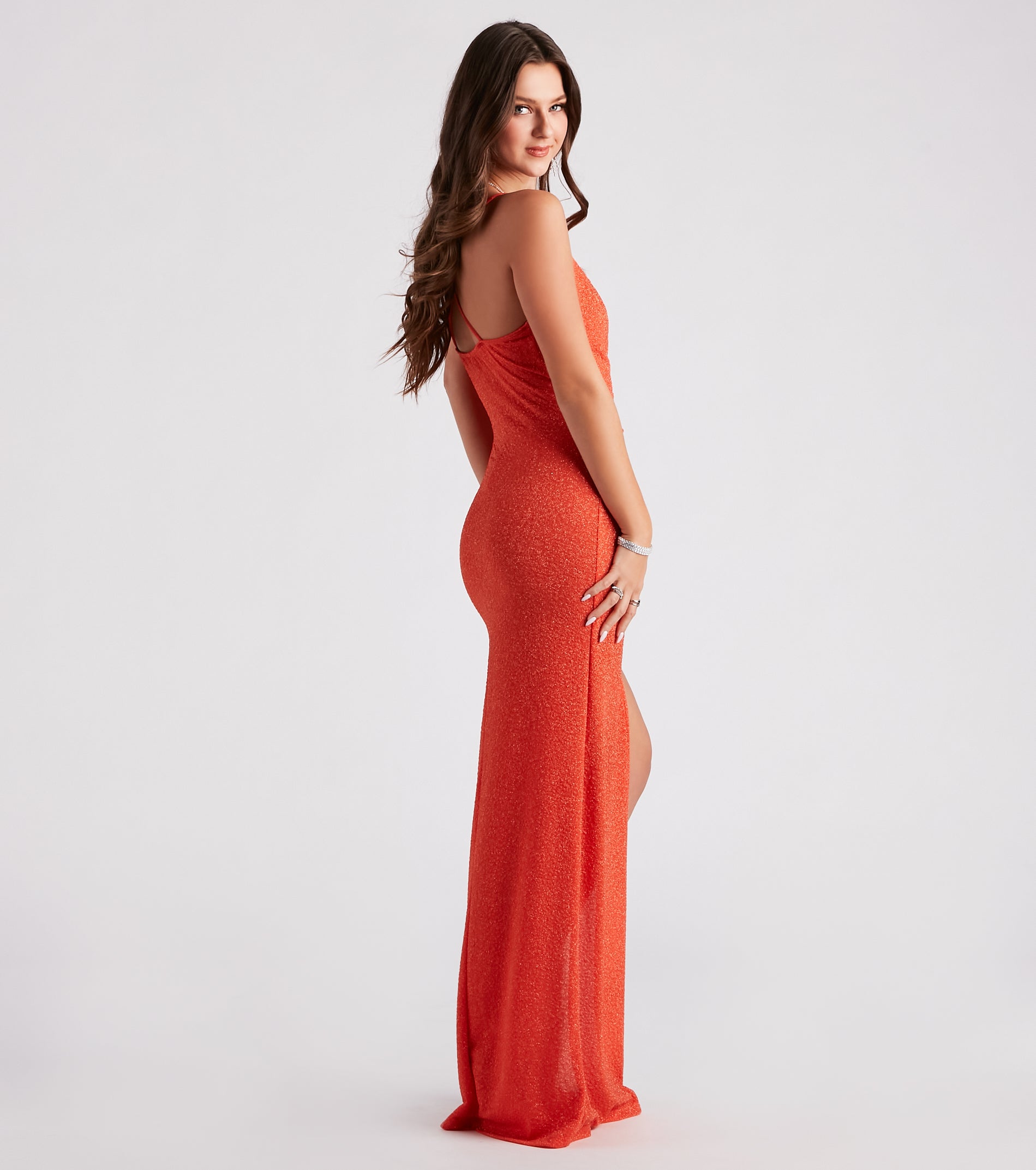 Leann Formal High Slit Glitter Dress - ORANGE