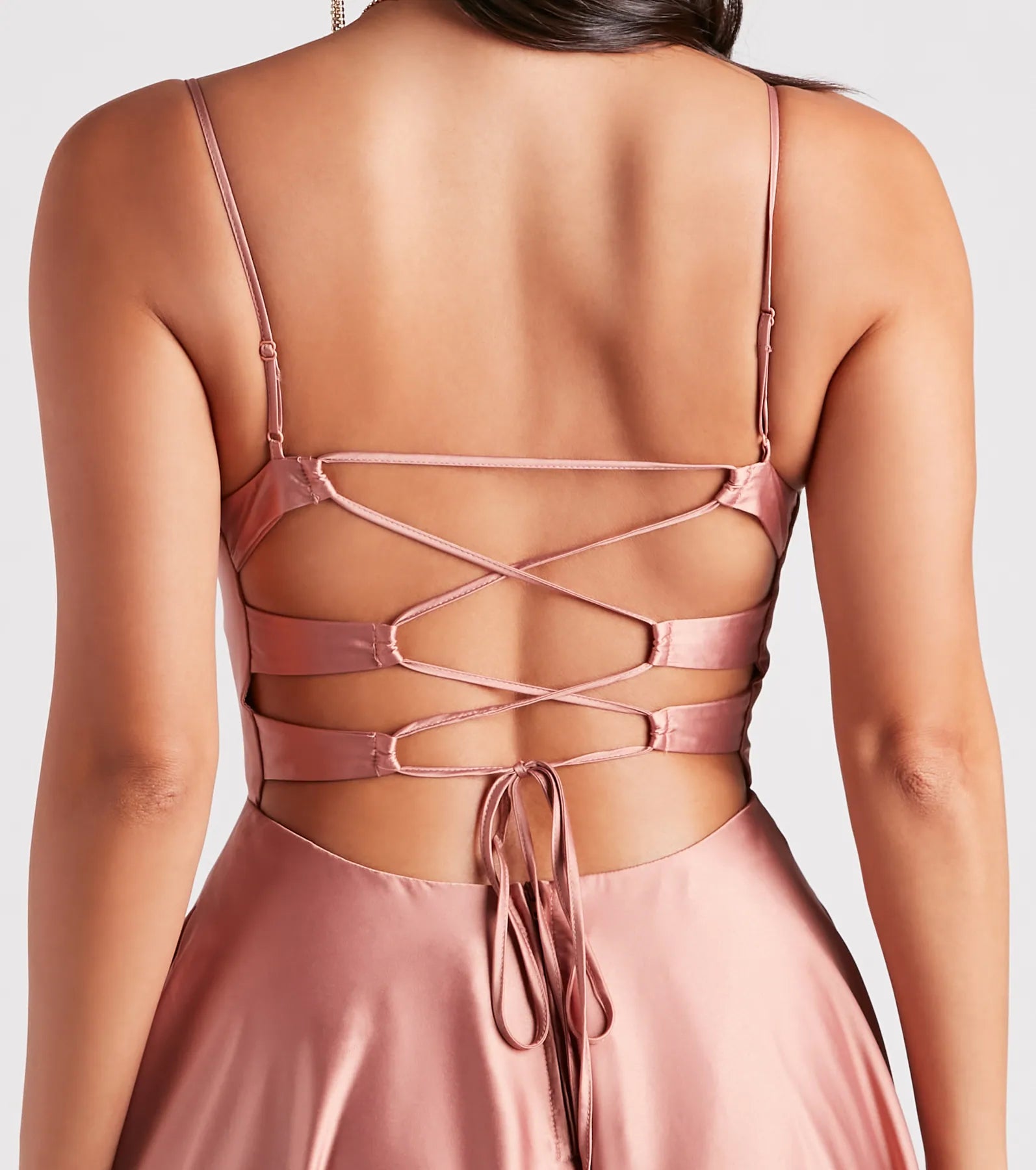 Winslow Formal Satin Lace-Up Dress - MOCHA