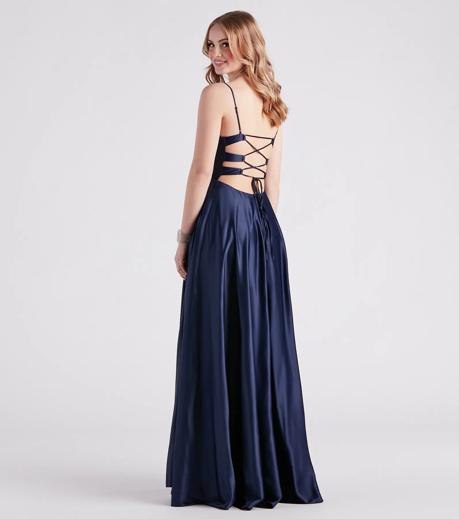 Winslow Formal Satin Lace-Up Dress - NAVY