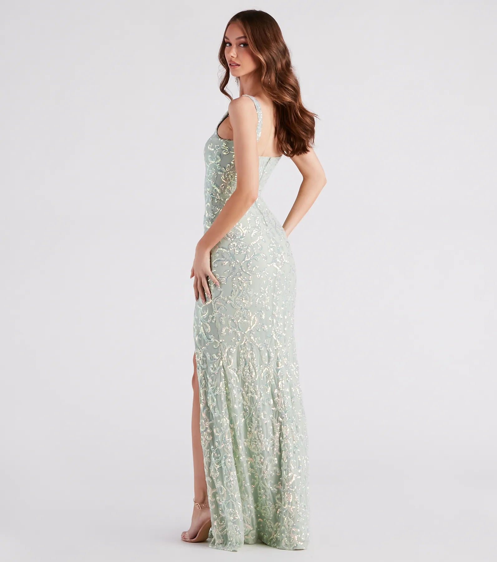 Jovie Formal Sequin Slit Mermaid Long Dress - SAGE