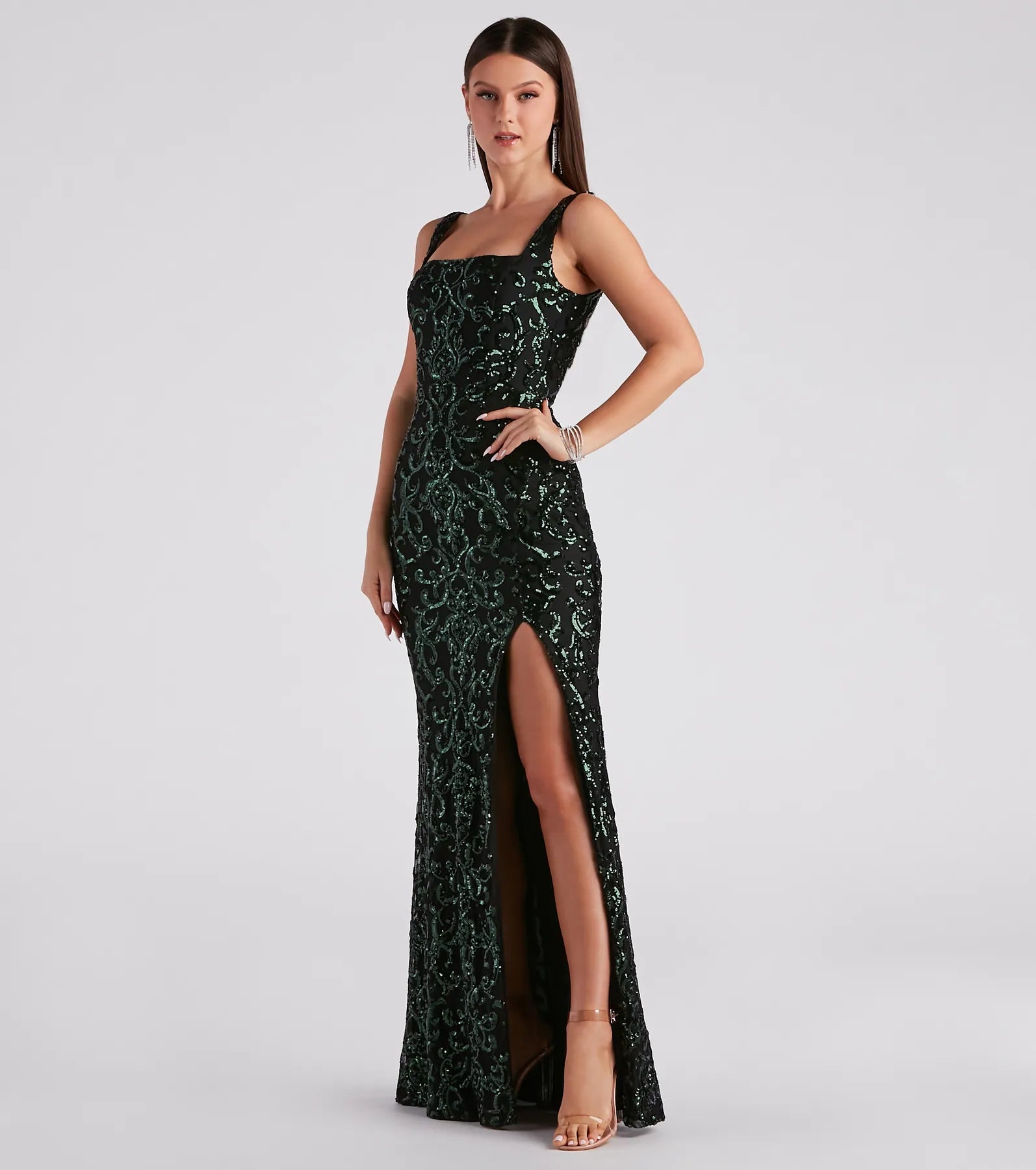 Jovie Formal Sequin Slit Mermaid Long Dress - HUNTER