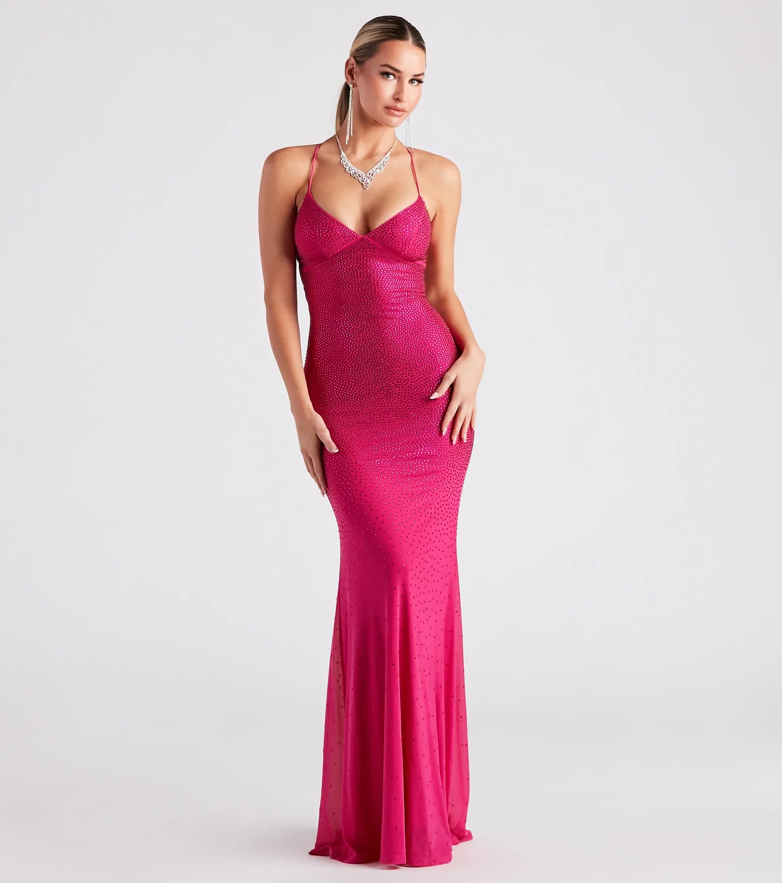Blair Lace-Up A-Line Rhinestone Formal Dress - FUCHSIA