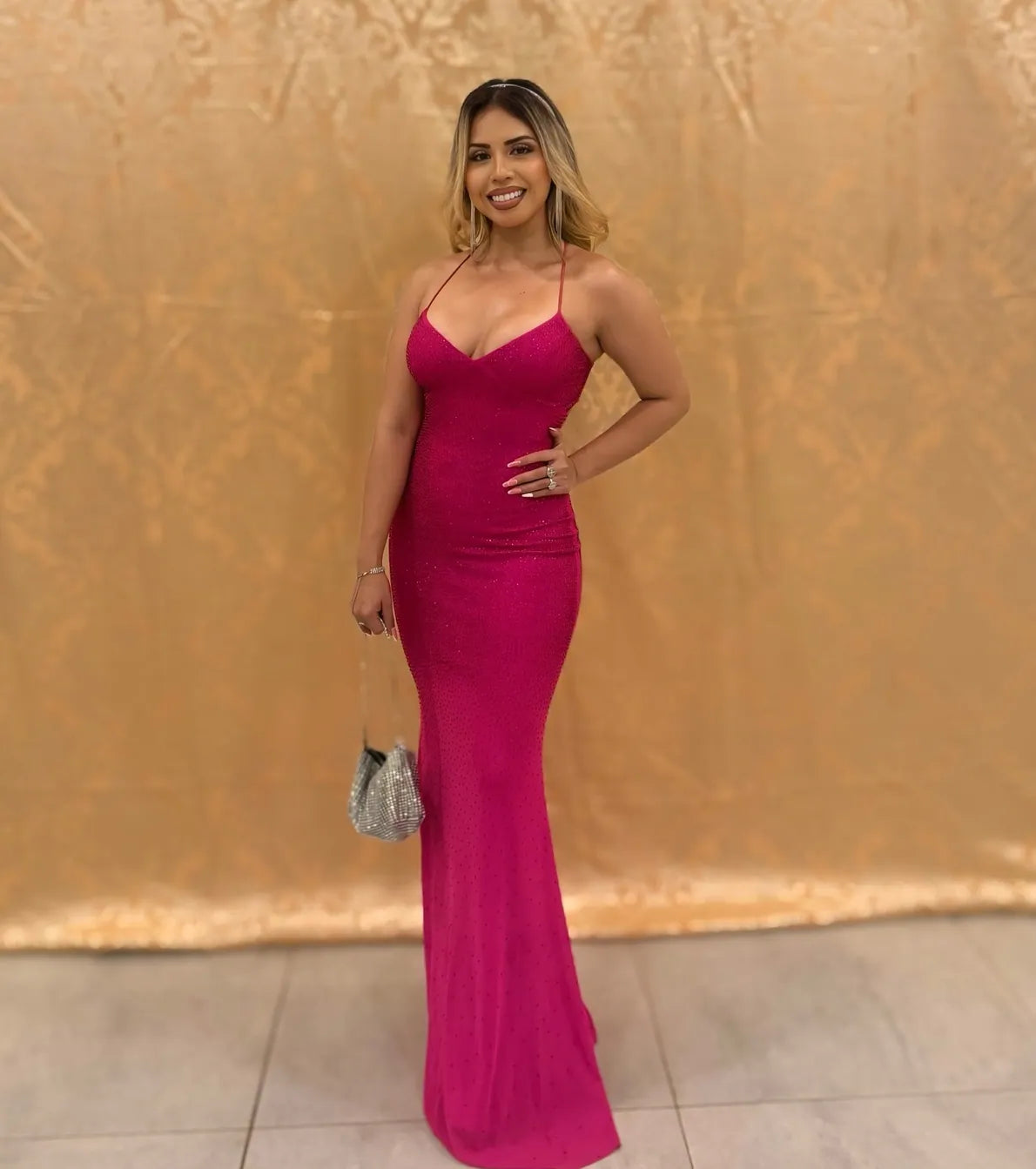 Blair Lace-Up A-Line Rhinestone Formal Dress - FUCHSIA