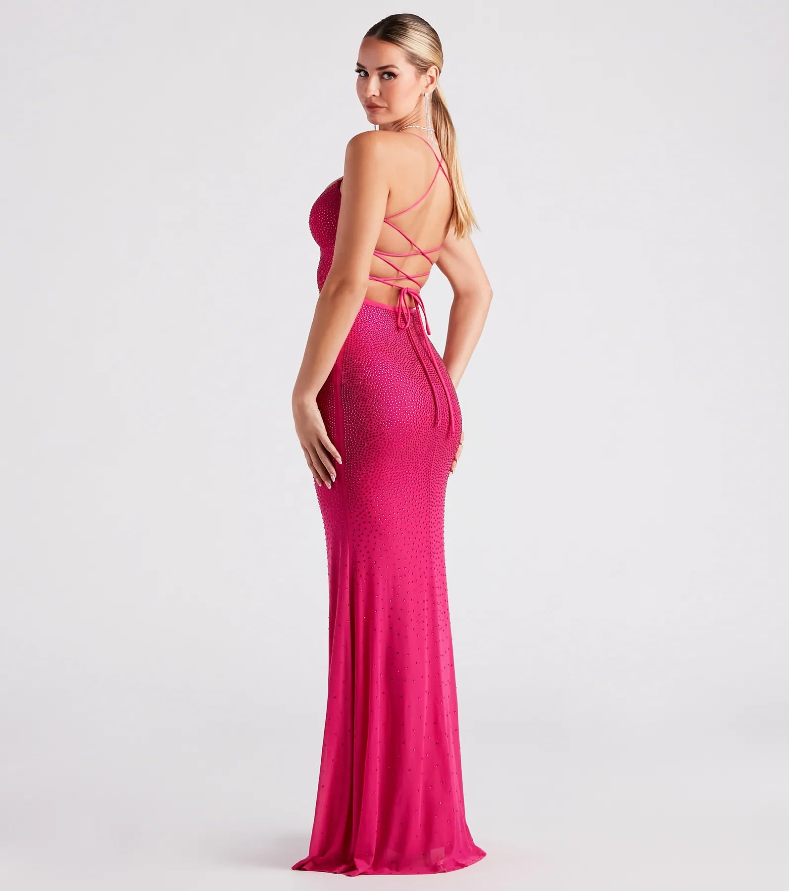Blair Lace-Up A-Line Rhinestone Formal Dress - FUCHSIA