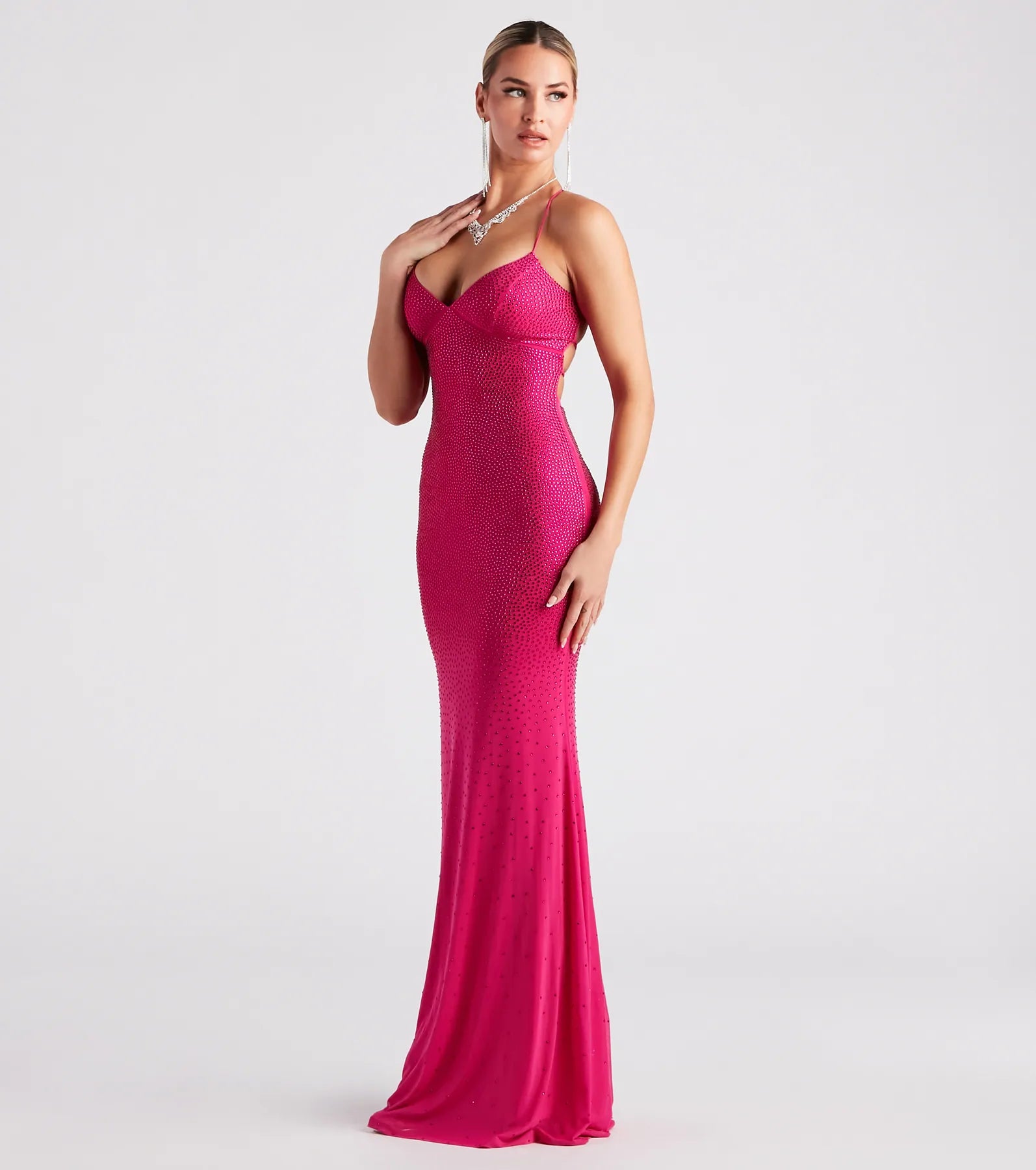 Blair Lace-Up A-Line Rhinestone Formal Dress - FUCHSIA