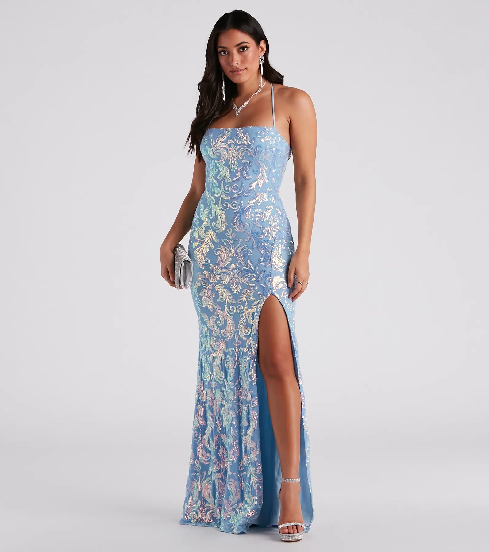 Jayleen Formal Sequin Lace-Up A-Line Dress - LIGHT BLUE
