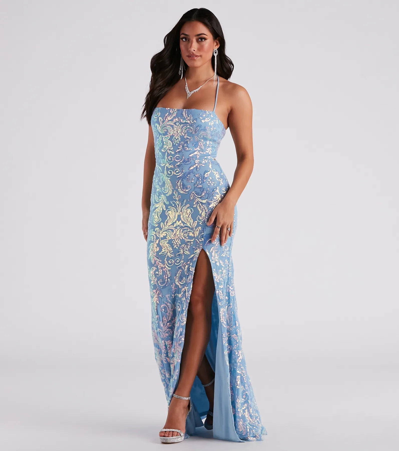 Jayleen Formal Sequin Lace-Up A-Line Dress - LIGHT BLUE