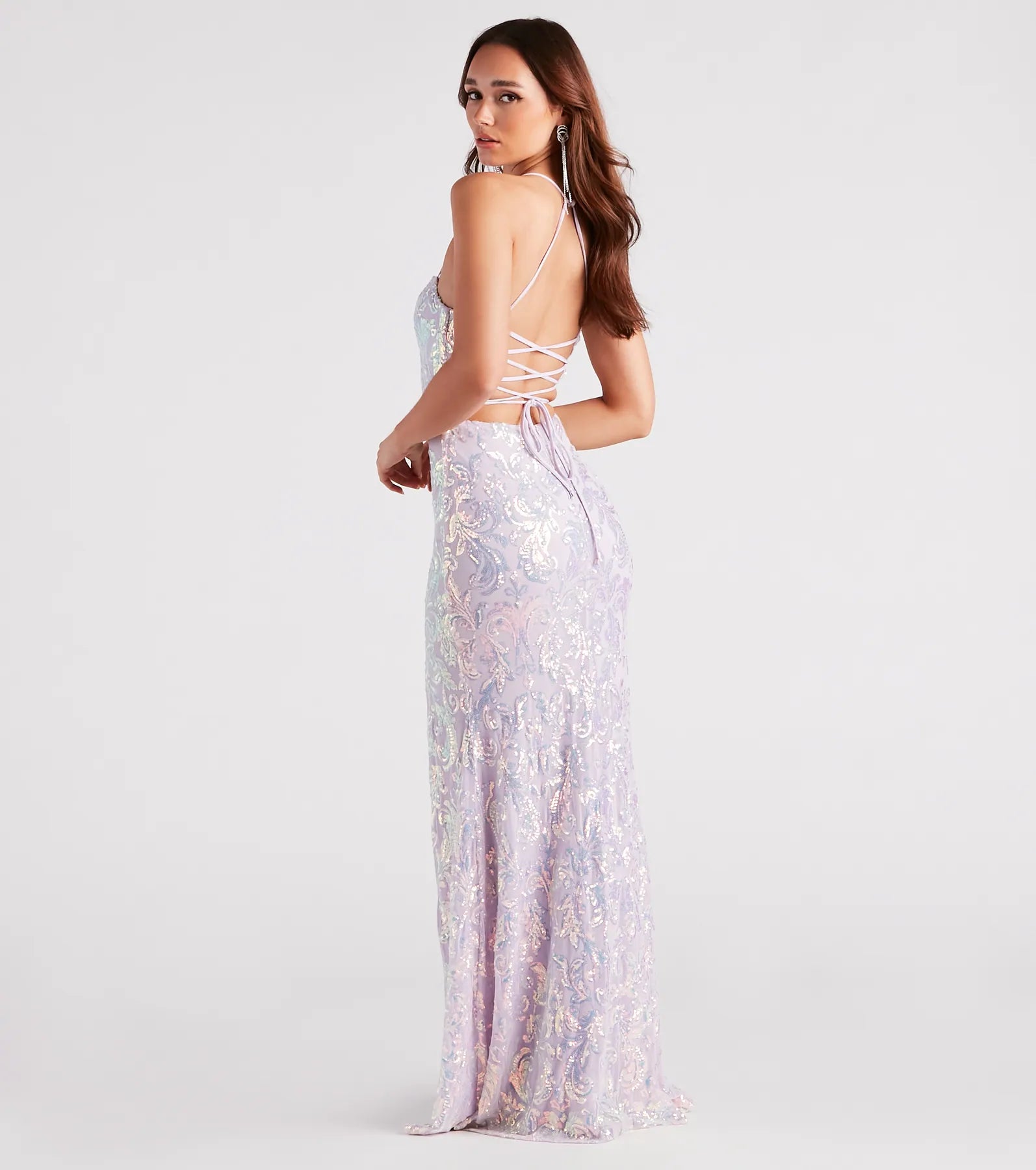 Jayleen Formal Sequin Lace-Up A-Line Dress - LAVENDER