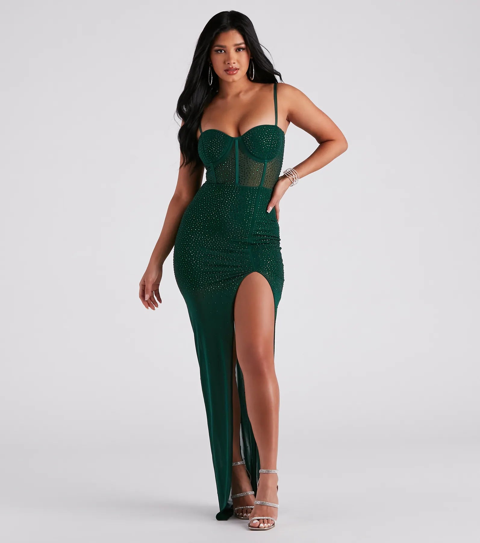 Taylor Corset Rhinestone Mesh Formal Dress - HUNTER