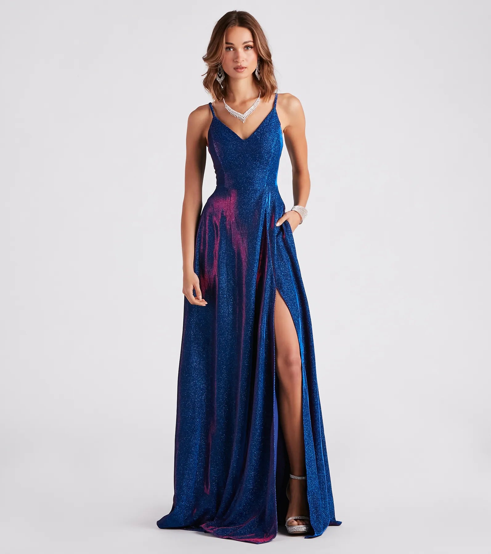 Tanya Formal Glitter A-Line Long Dress - SAPPHIRE