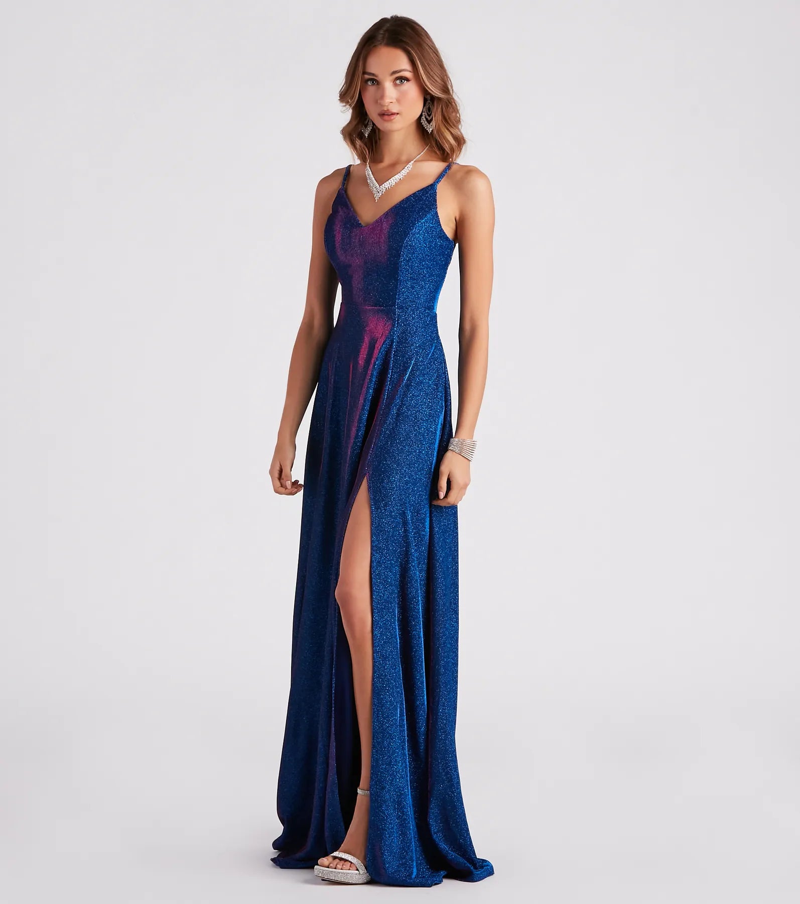 Tanya Formal Glitter A-Line Long Dress - SAPPHIRE