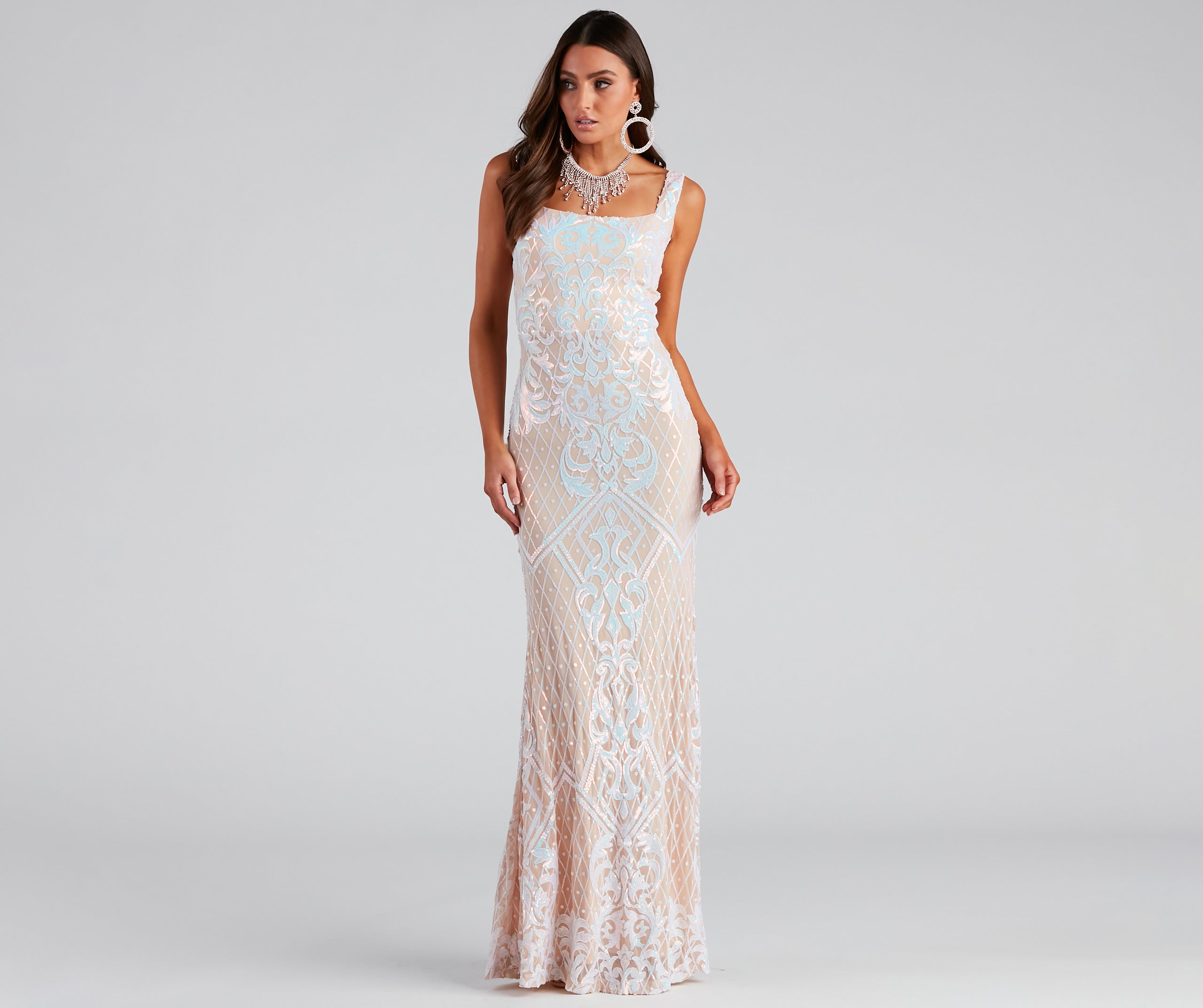 Micaela Formal Sequin Scroll Mermaid Dress - NUDE-3
