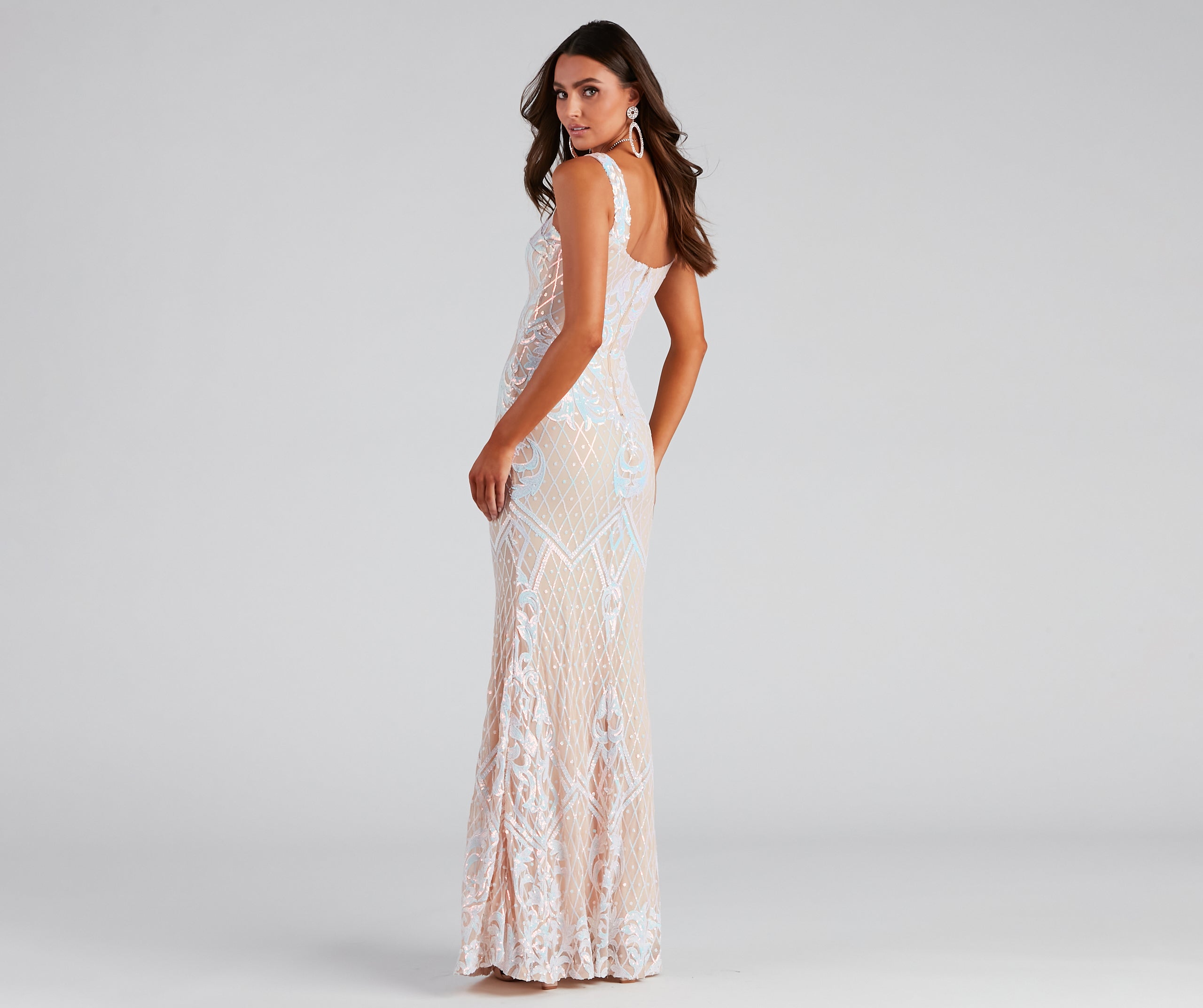 Micaela Formal Sequin Scroll Mermaid Dress - NUDE-3