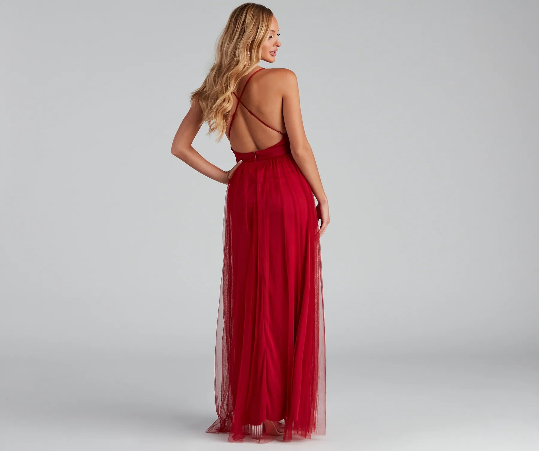 Elisabeth Pleated Tulle Formal Dress - BURGUNDY