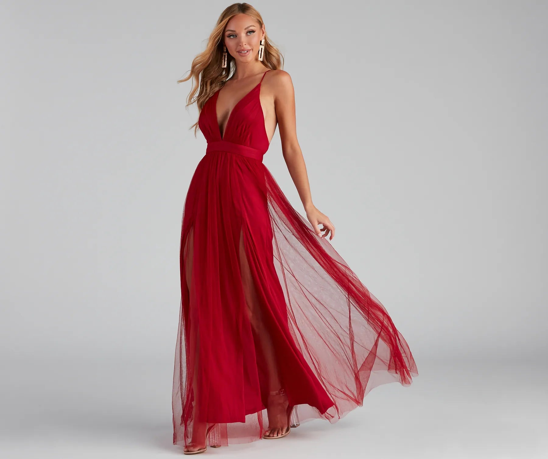 Elisabeth Pleated Tulle Formal Dress - BURGUNDY