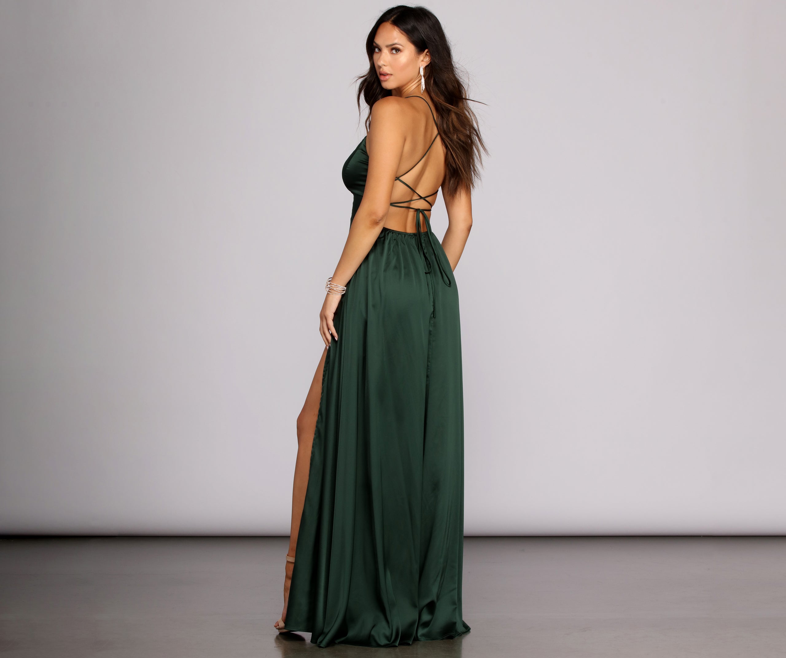 Vera Satin Lace Up Formal Dress - EMERALD