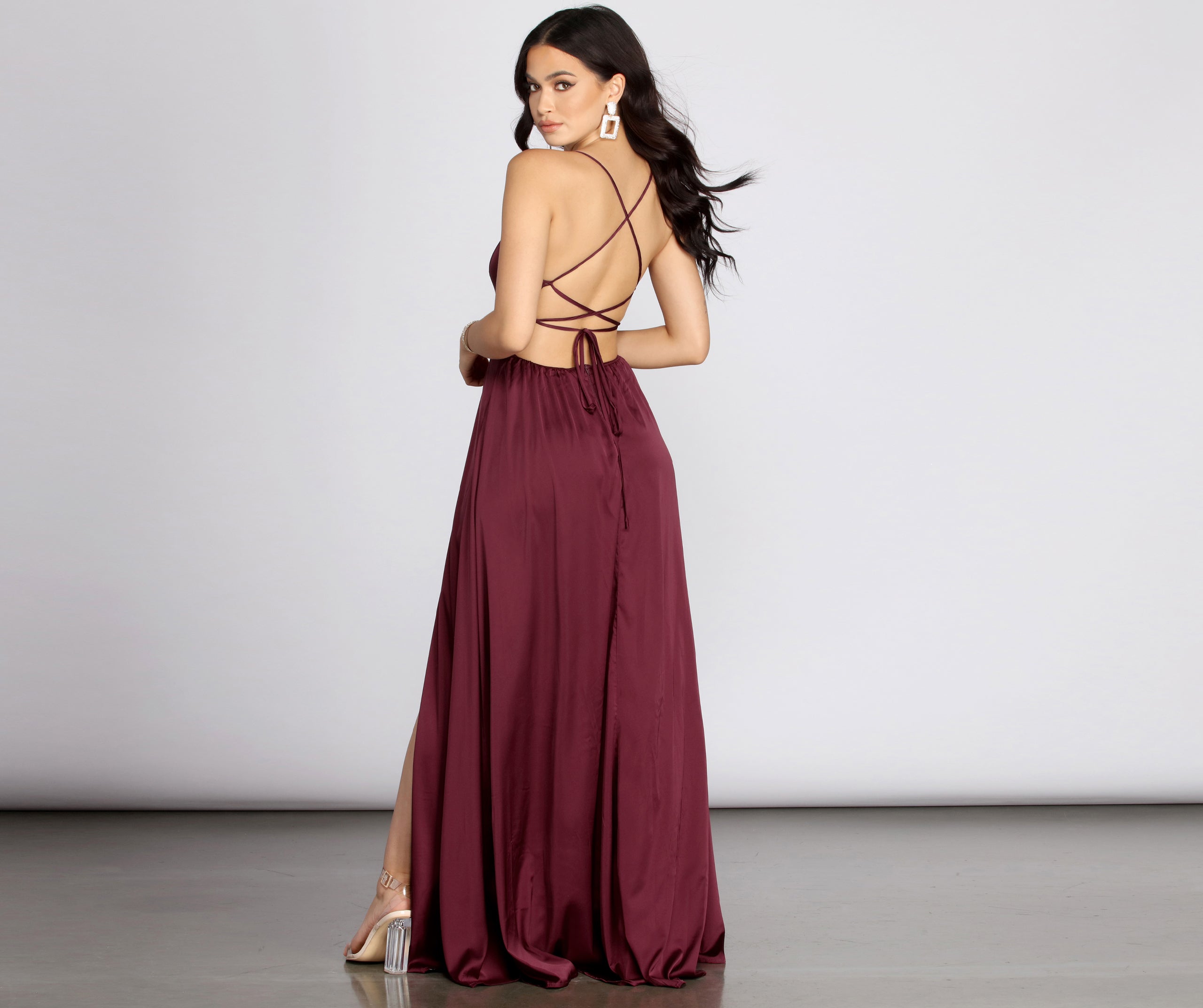 Vera Satin Lace Up Formal Dress - BURGUNDY