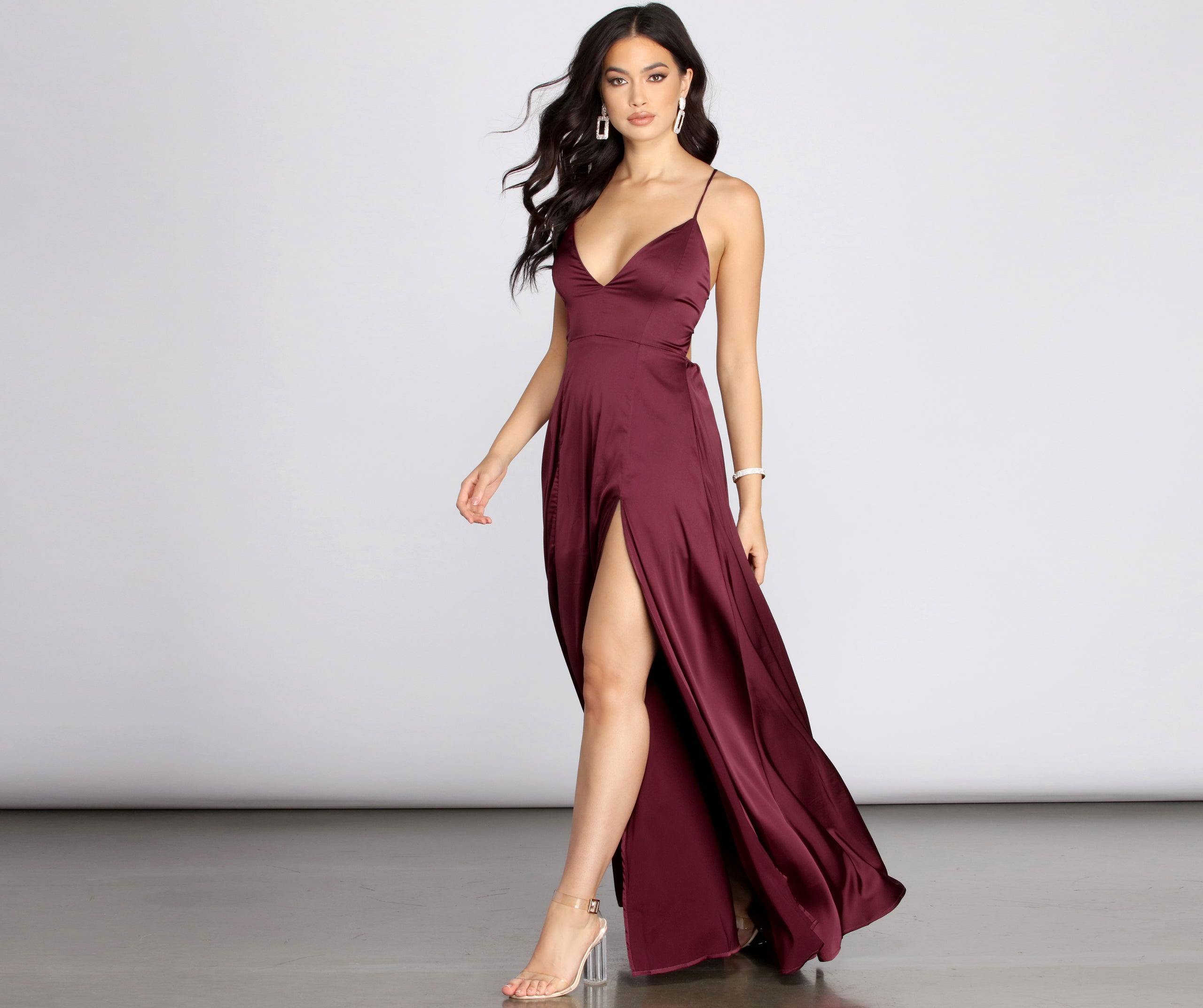 Vera Satin Lace Up Formal Dress - BURGUNDY