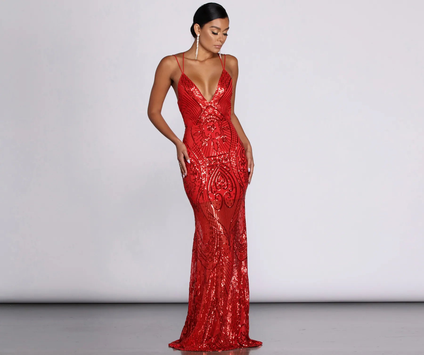 Salma Formal Sequin Scroll Print Dress - RED