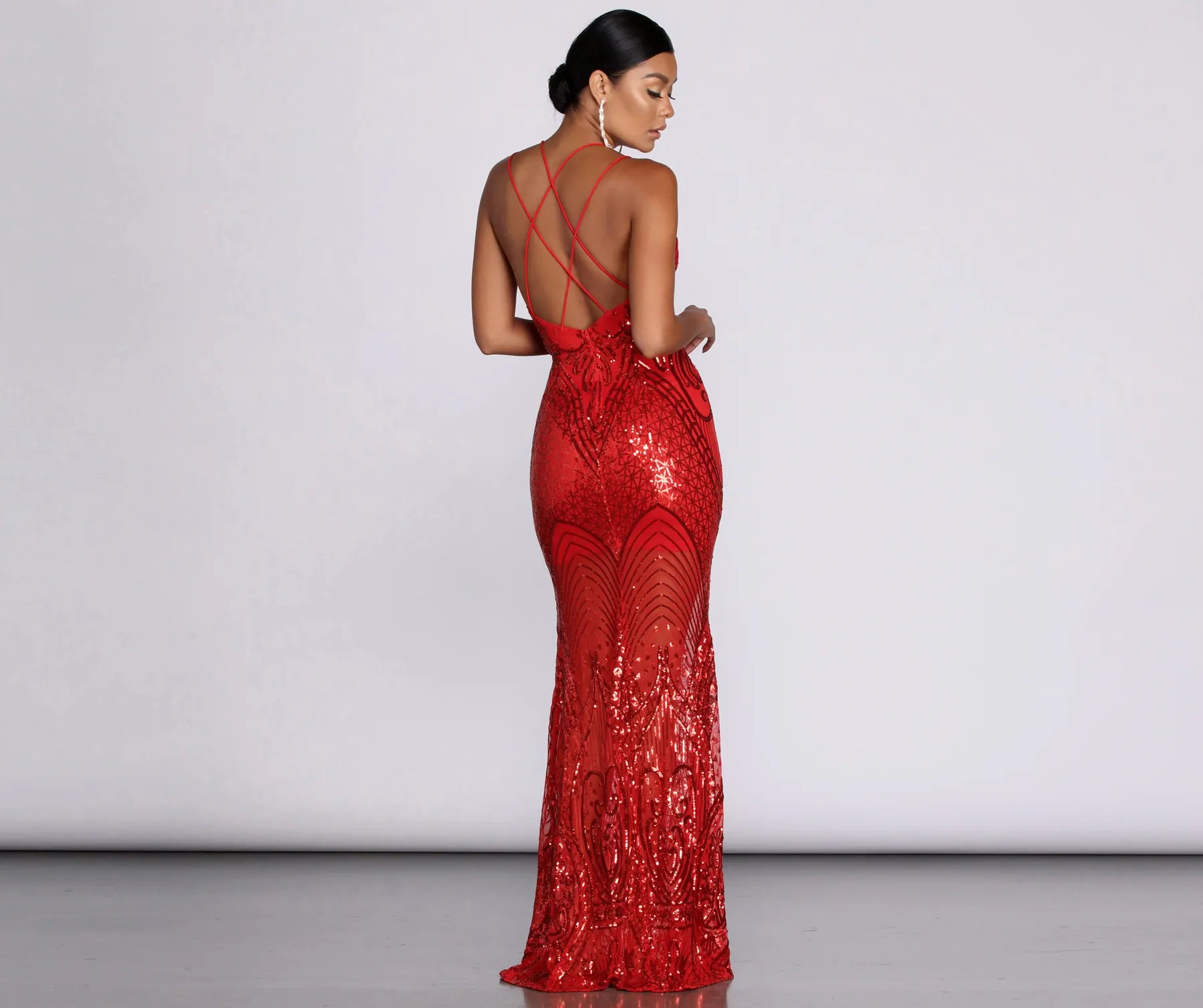 Salma Formal Sequin Scroll Print Dress - RED