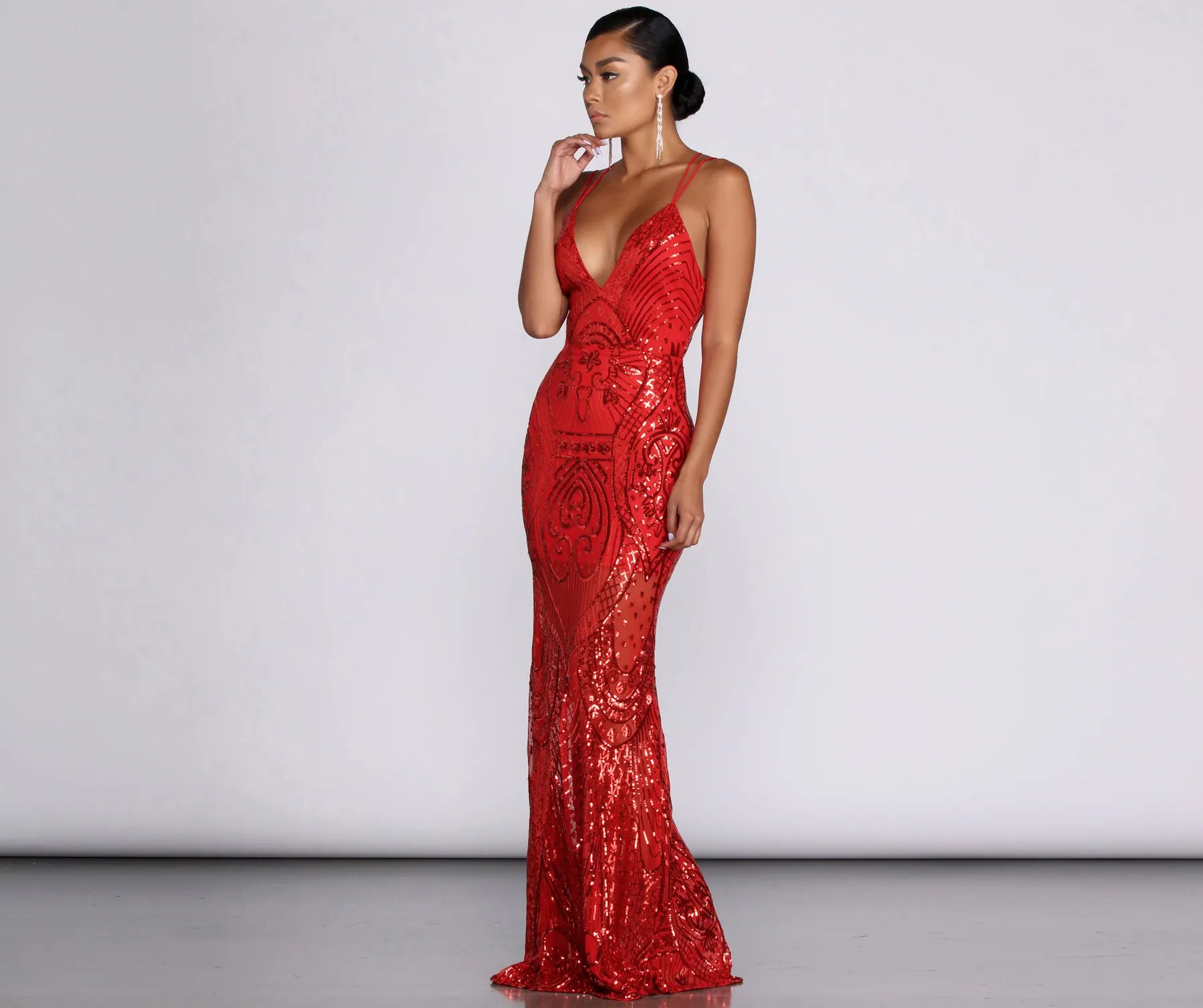 Salma Formal Sequin Scroll Print Dress - RED
