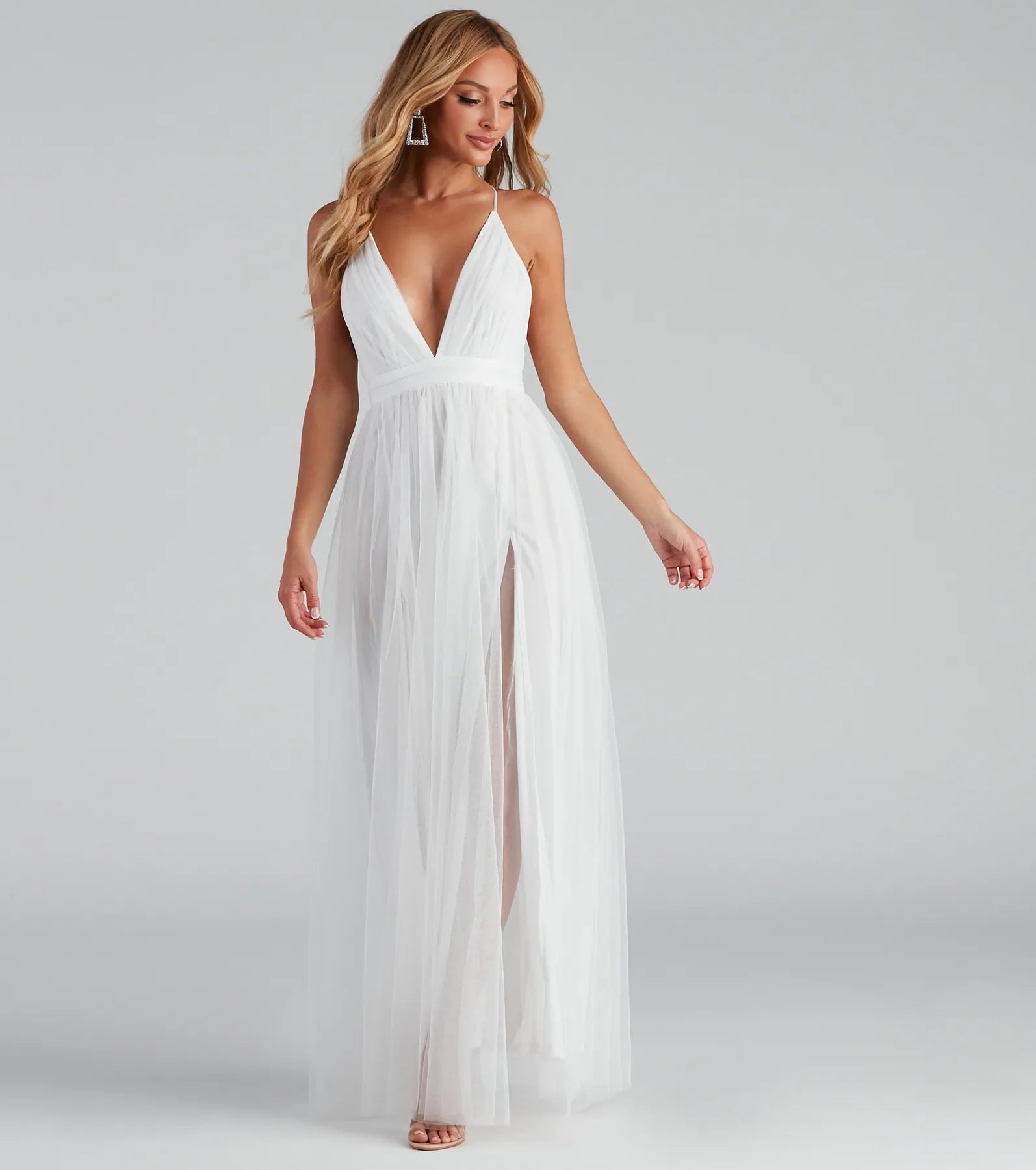 Elisabeth Pleated Tulle Formal Dress - WHITE