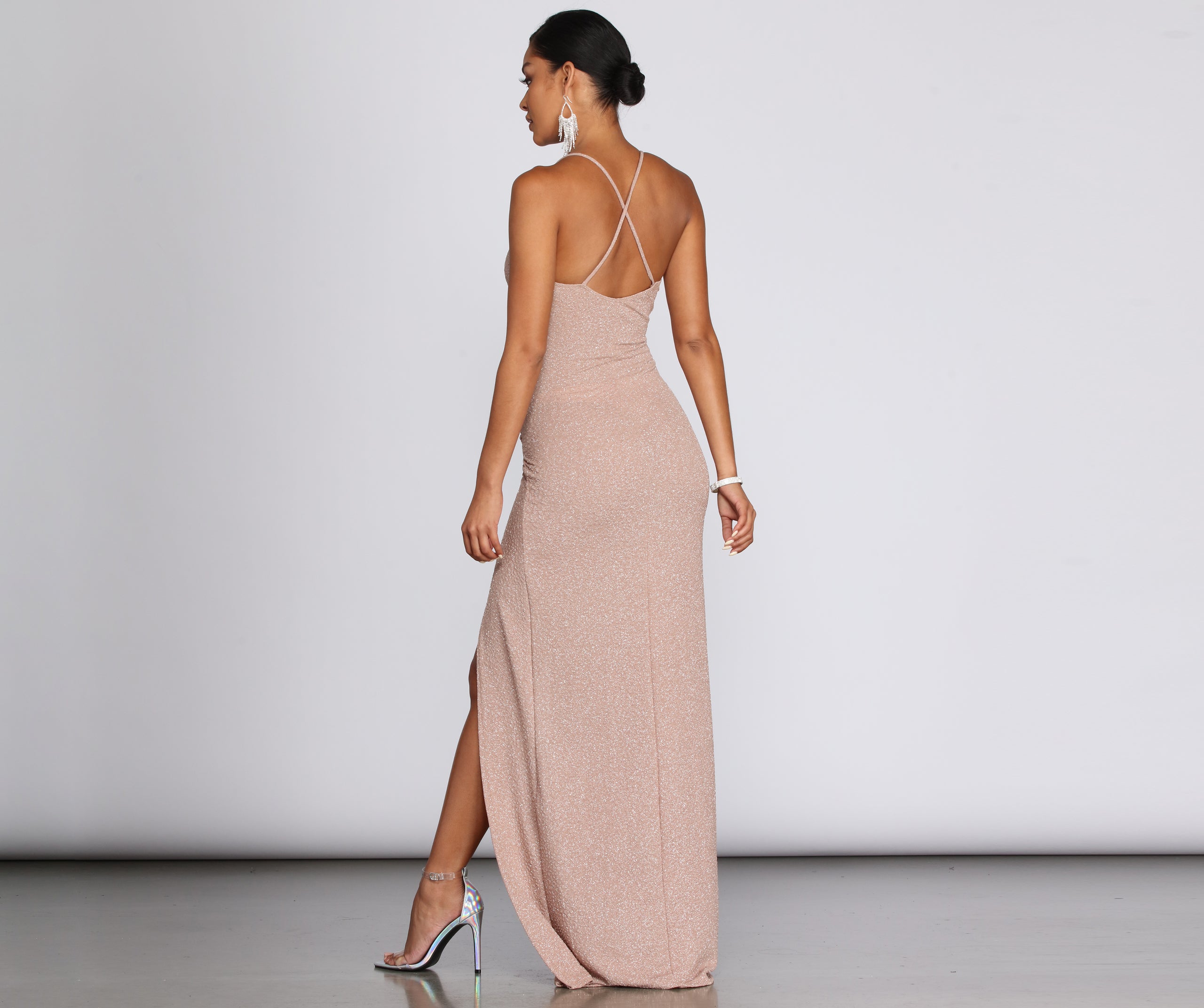 Leann Formal High Slit Glitter Dress - NATURAL