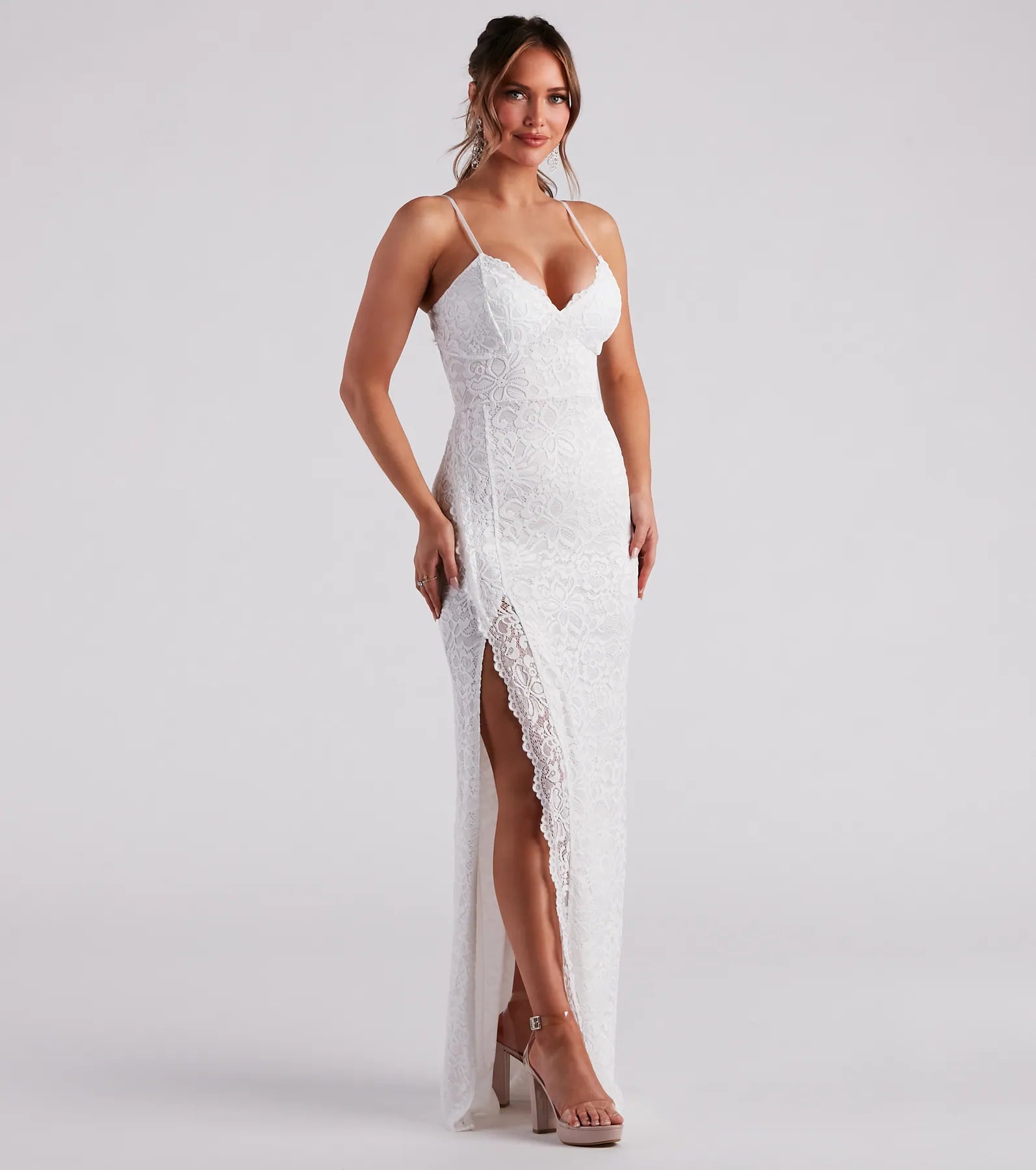 Jessica Formal Lace Slit Long Dress - WHITE