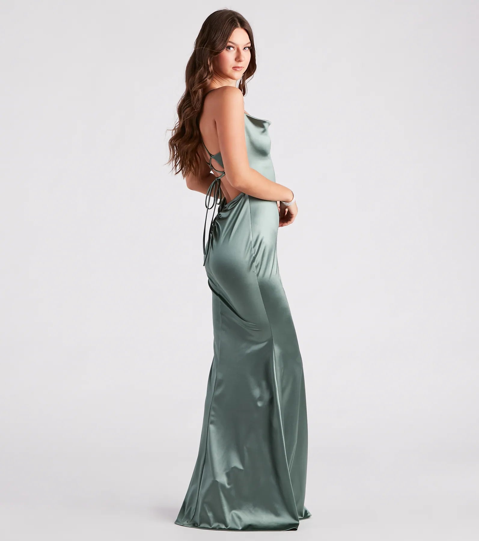 Jennifer Stretch Satin Ruched Formal Dress - SAGE