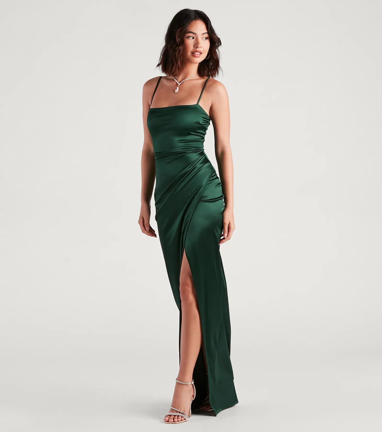 Mayra Formal Satin Slit Long Dress - HUNTER