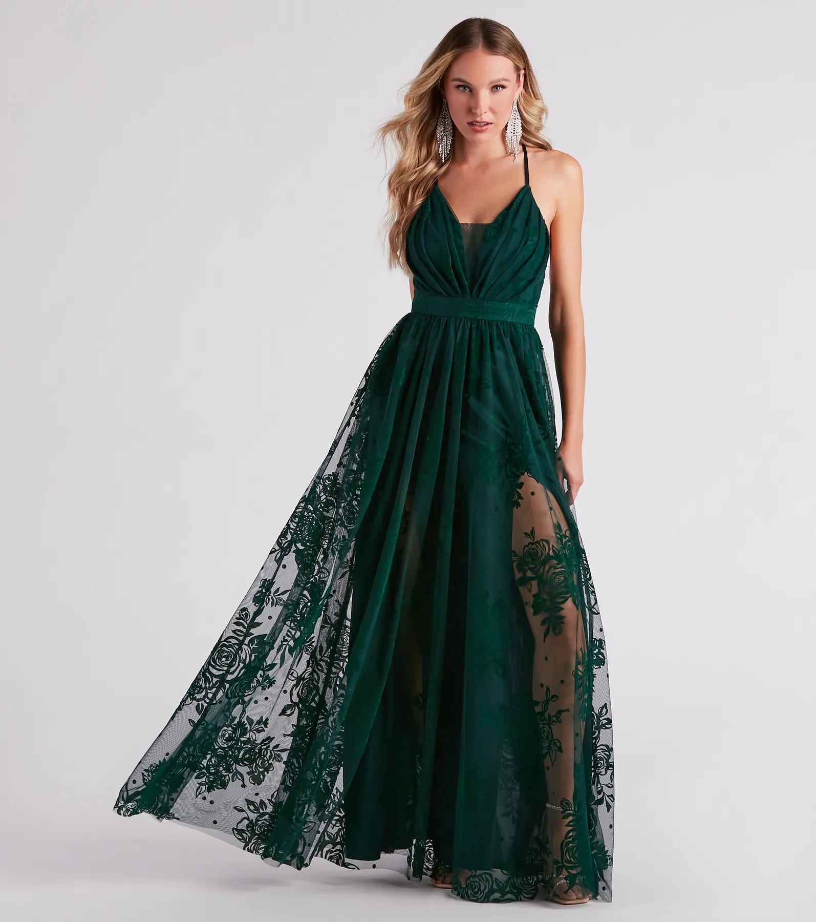 Lina Flocked Velvet A-Line Formal Dress - HUNTER