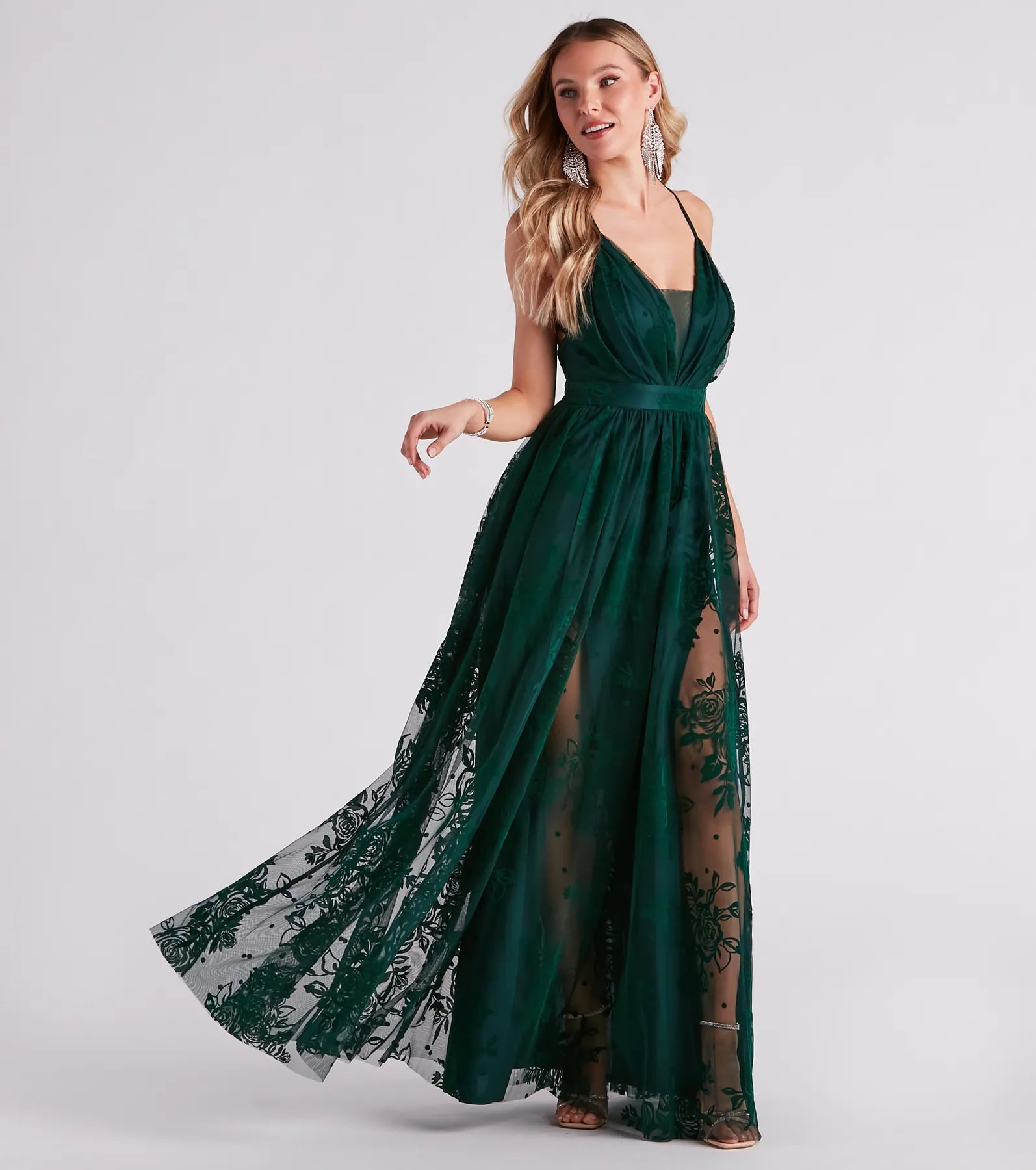 Lina Flocked Velvet A-Line Formal Dress - HUNTER