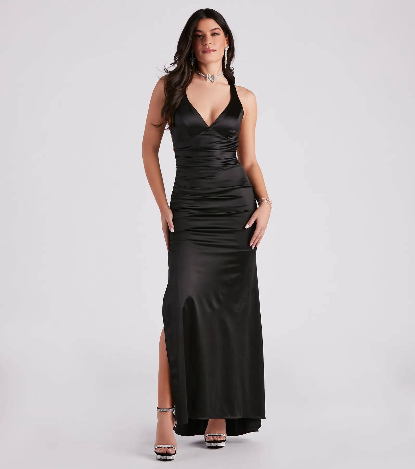 Sam Formal Satin Open Back Dress - BLACK