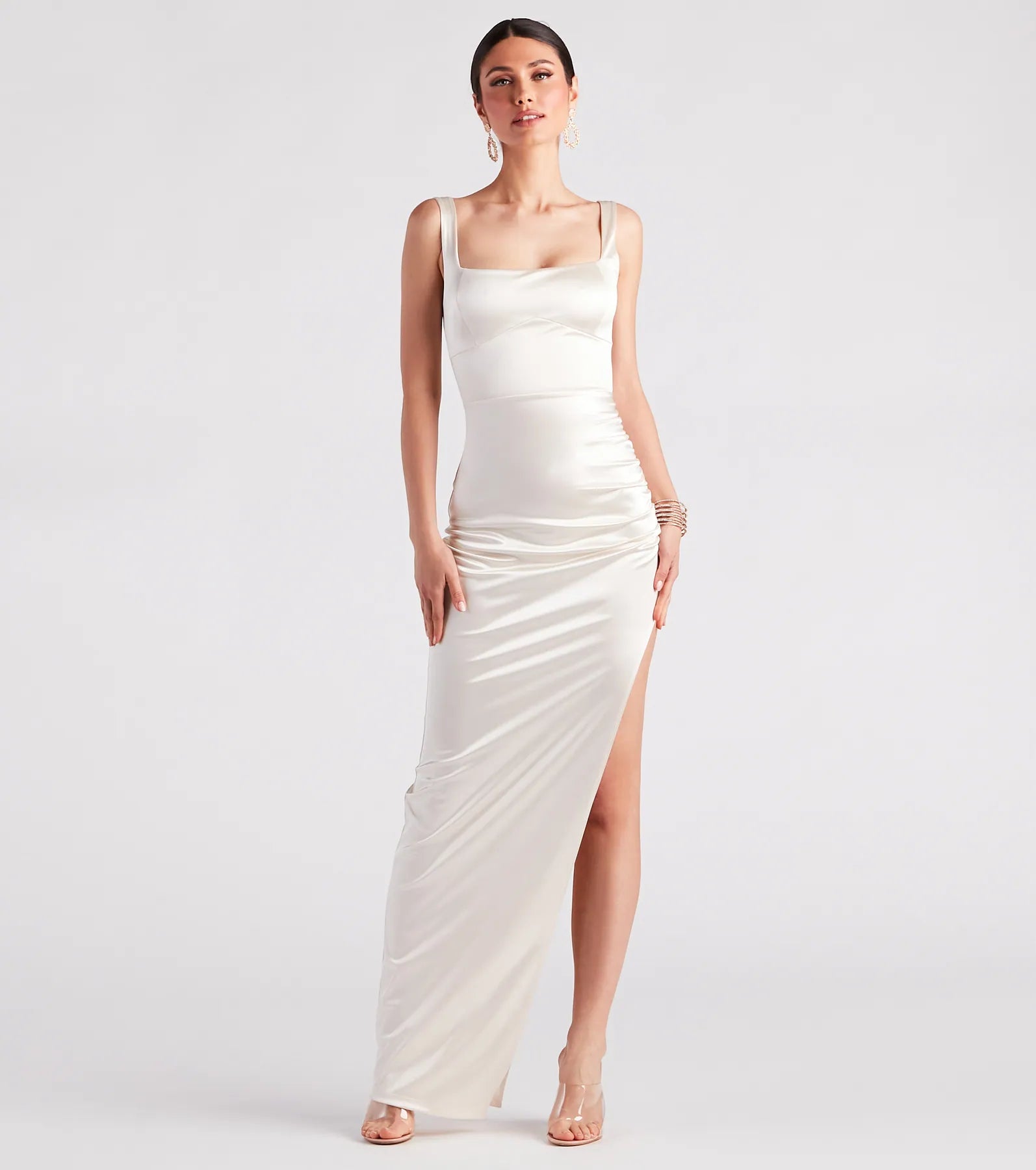 Lia Ruched Satin High Slit Formal Dress - IVORY