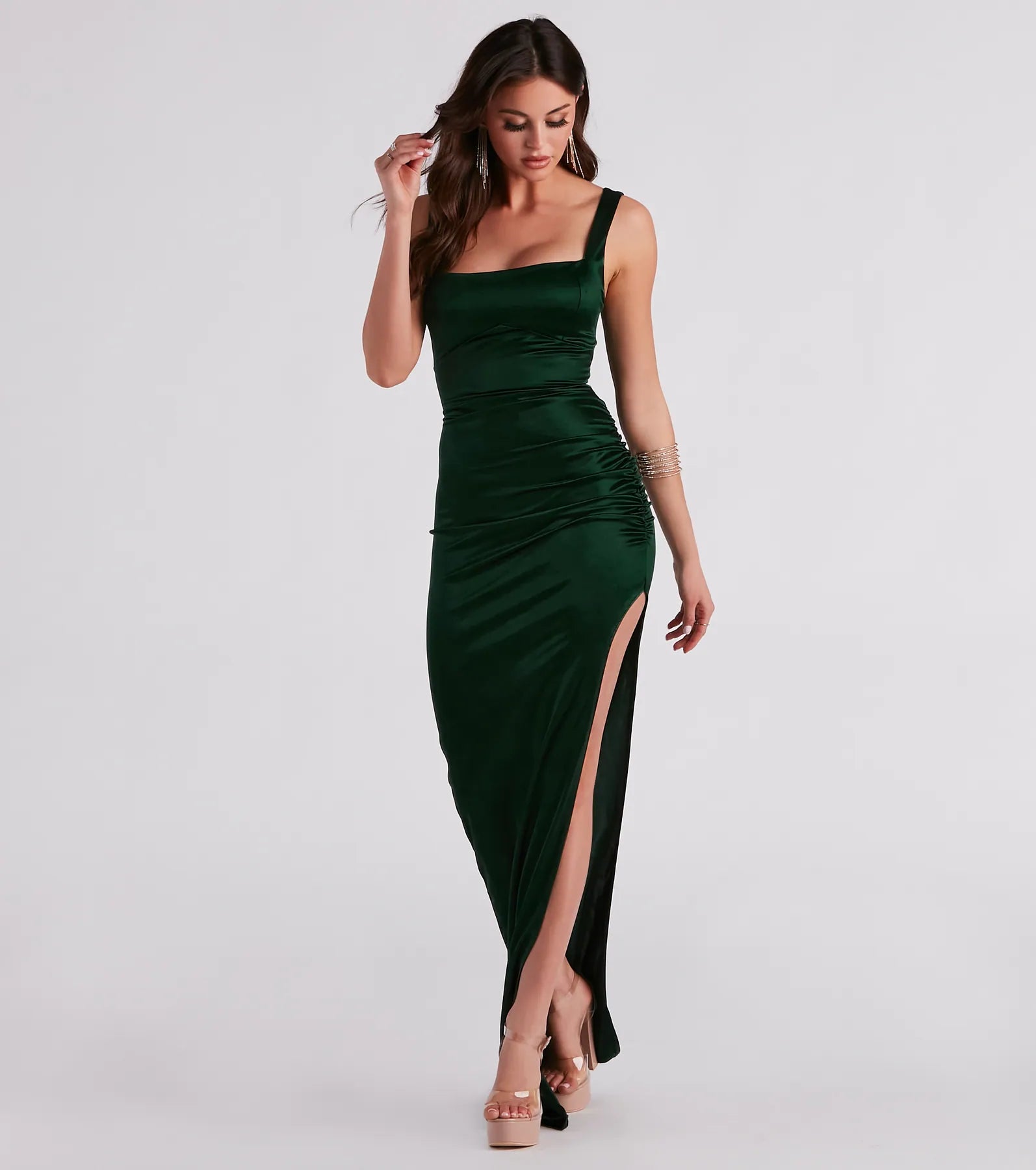 Lia Ruched Satin High Slit Formal Dress - HUNTER